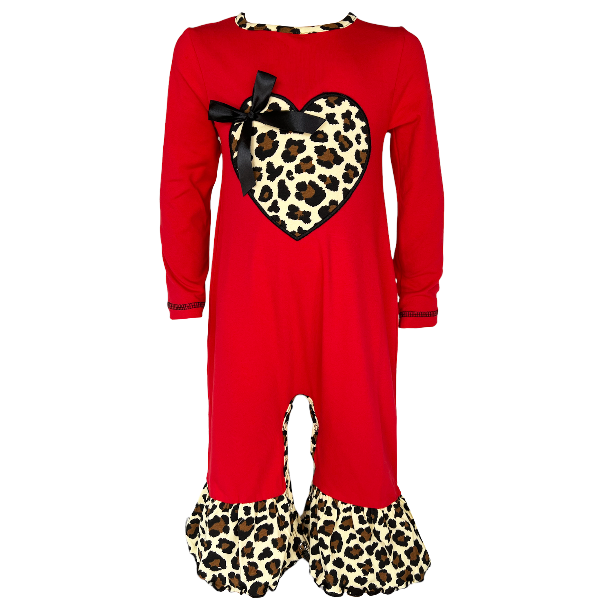 AnnLoren Baby Girls Leopard Valentines Romper featuring a leopard heart patch and ruffled legs, perfect for holiday celebrations.