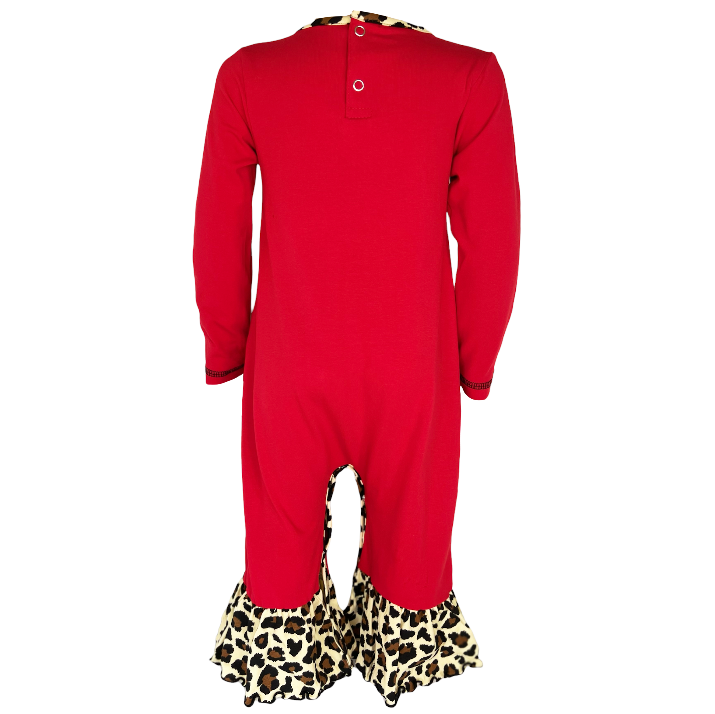 AnnLoren Baby Girls Leopard Valentines Romper featuring a leopard heart patch and ruffled legs, perfect for holiday celebrations.