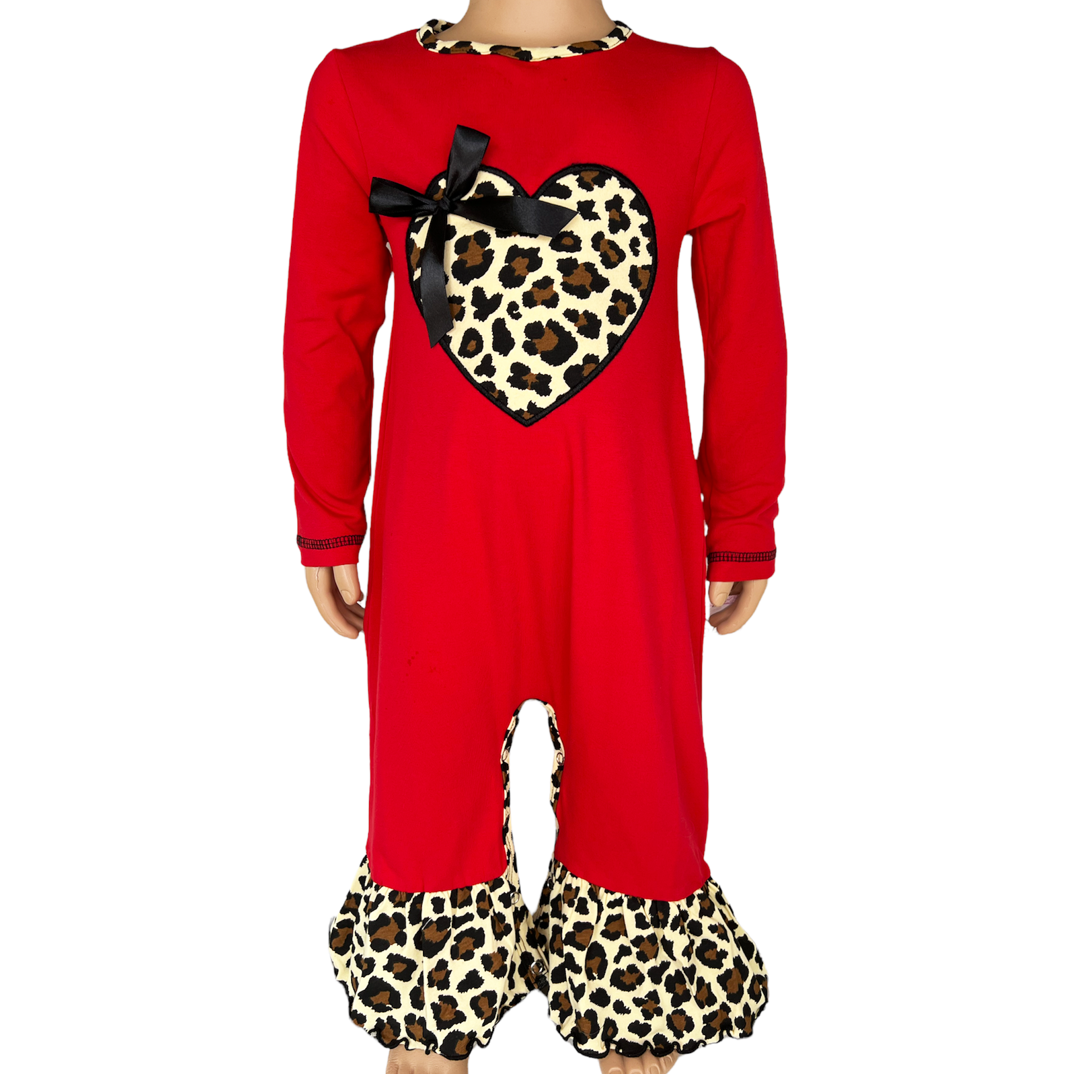 AnnLoren Baby Girls Leopard Valentines Romper featuring a leopard heart patch and ruffled legs, perfect for holiday celebrations.