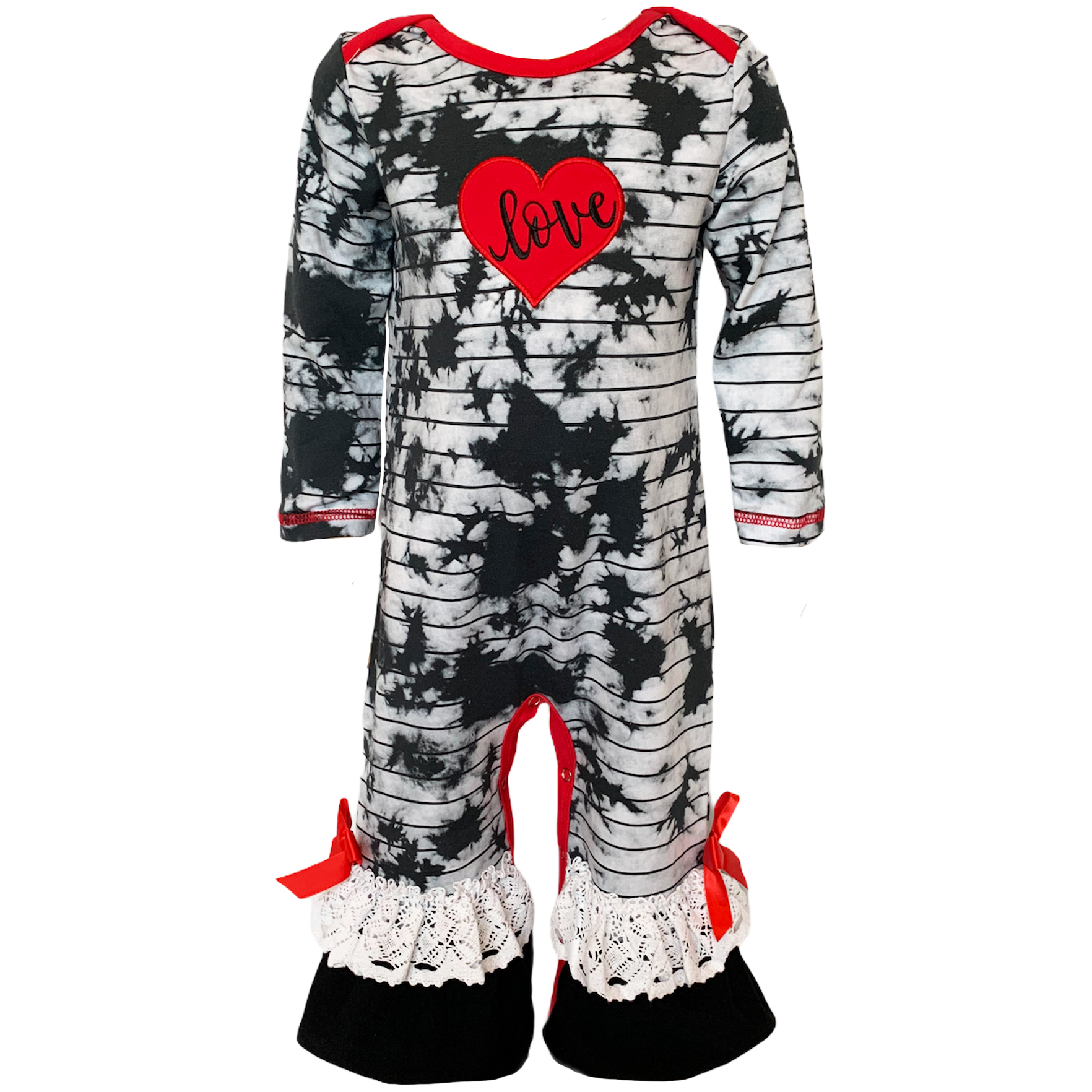 AnnLoren Baby Girls Tie Dye Heart Long Sleeve Romper featuring a big red heart applique and lace ruffle trim with a bow.