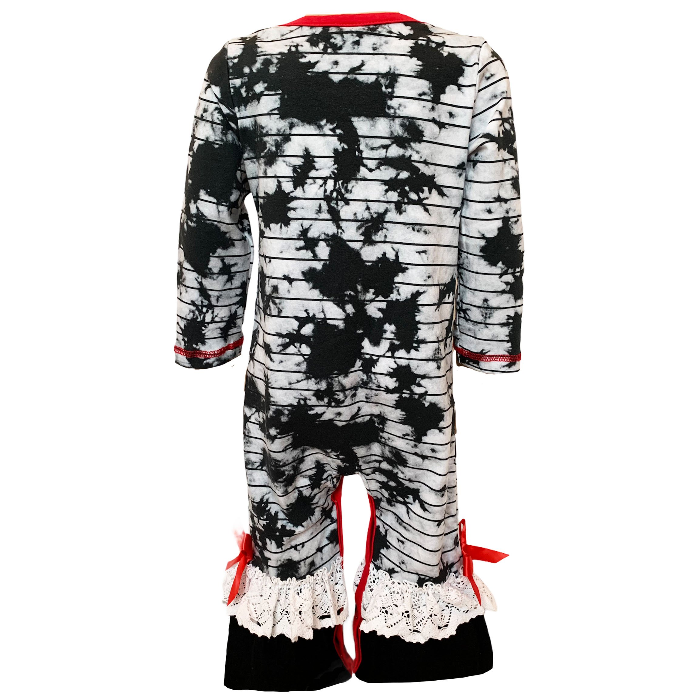 AnnLoren Baby Girls Tie Dye Heart Long Sleeve Romper featuring a big red heart applique and lace ruffle trim with a bow.
