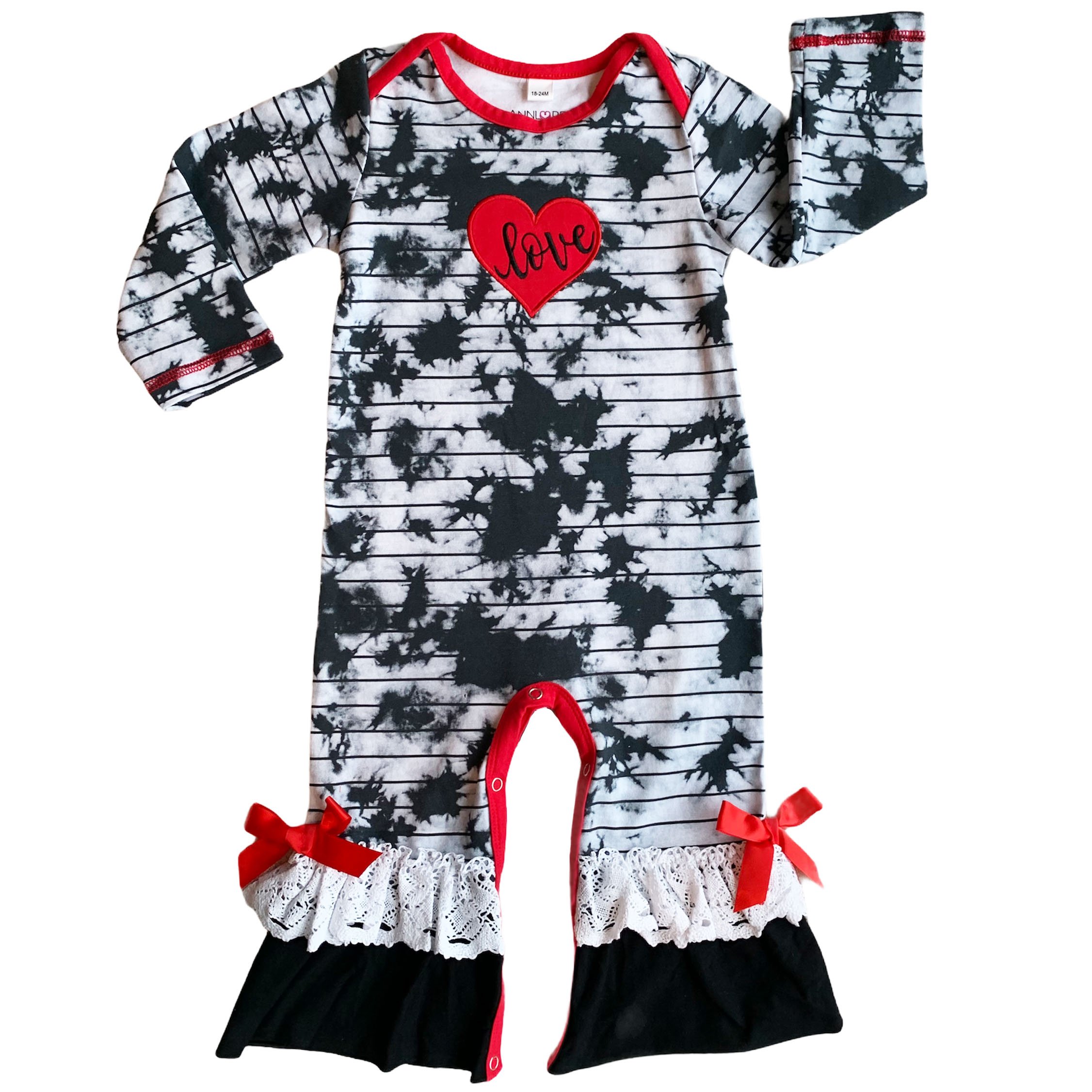 AnnLoren Baby Girls Tie Dye Heart Long Sleeve Romper featuring a big red heart applique and lace ruffle trim with a bow.