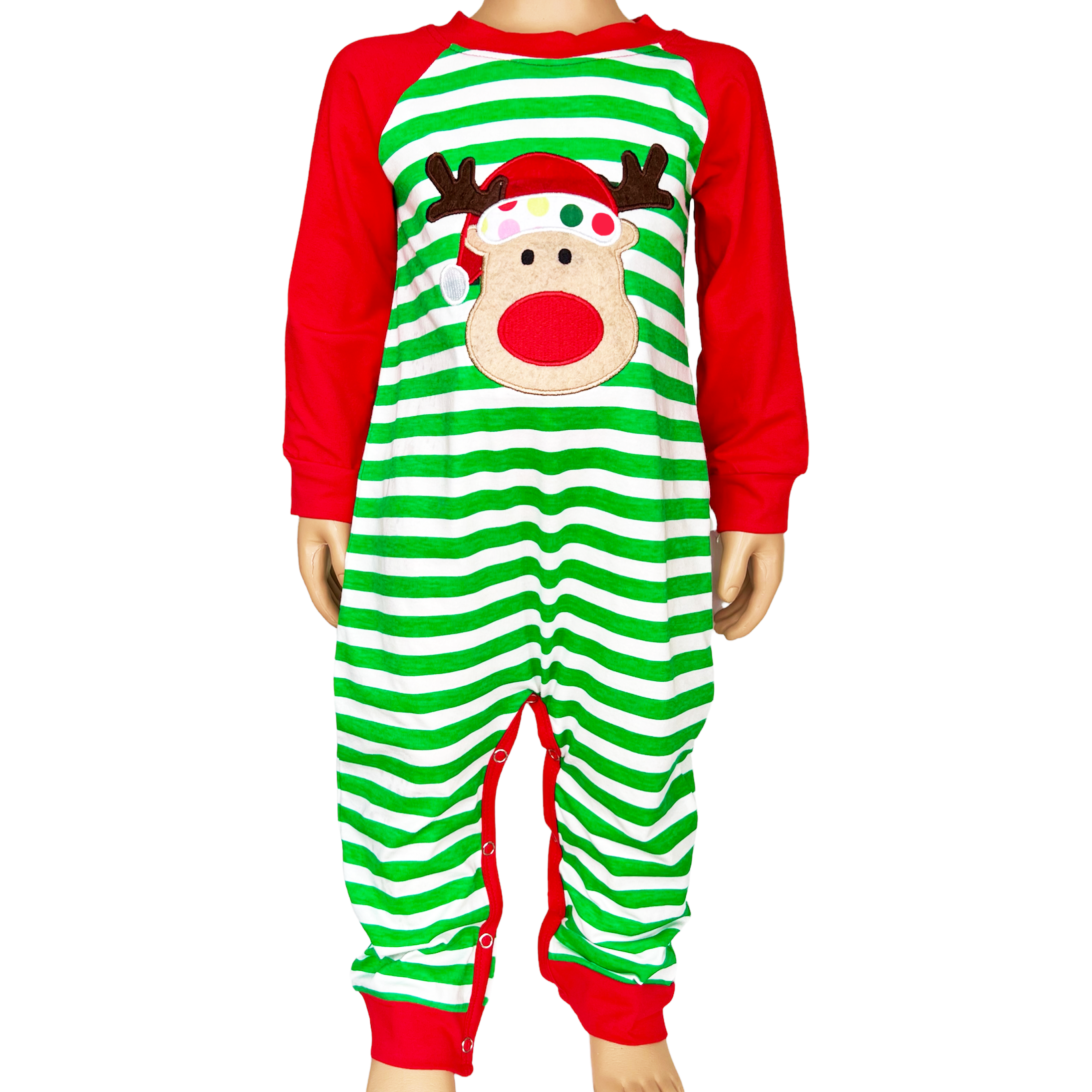 AnnLoren Baby Toddler Boys Unisex Long Sleeve Rudolf the Reindeer romper featuring red and green stripes with a reindeer appliqué.