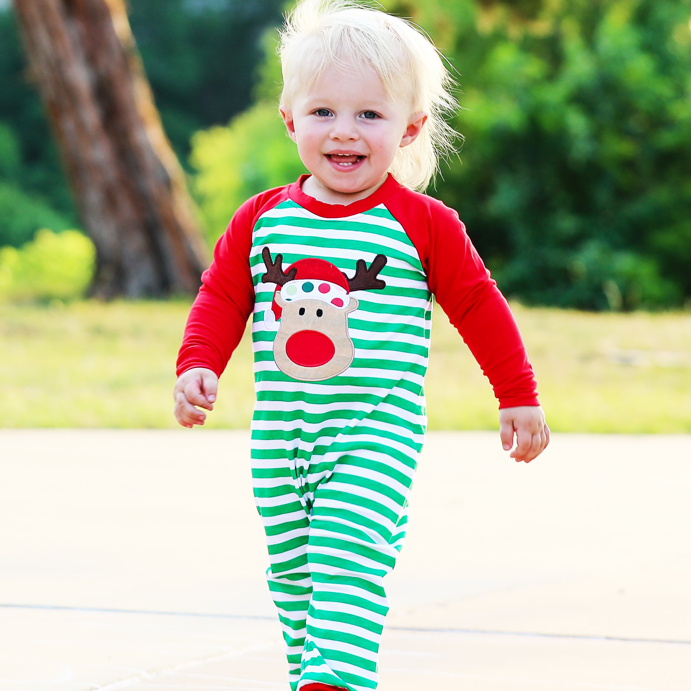 AnnLoren Baby Toddler Boys Unisex Long Sleeve Rudolf the Reindeer romper featuring red and green stripes with a reindeer appliqué.