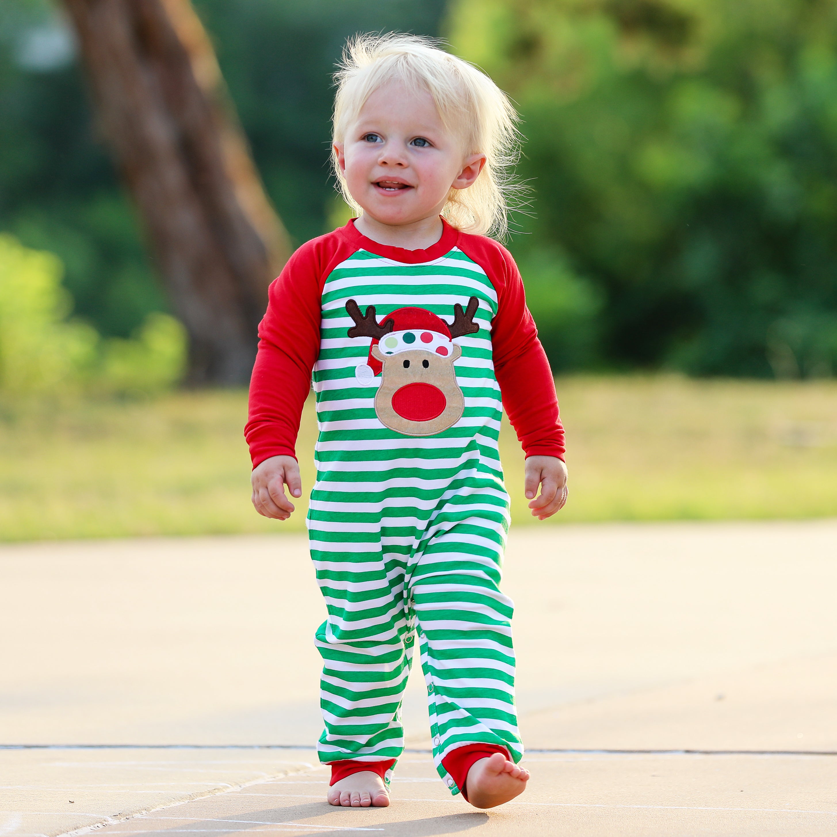 AnnLoren Baby Toddler Boys Unisex Long Sleeve Rudolf the Reindeer romper featuring red and green stripes with a reindeer appliqué.