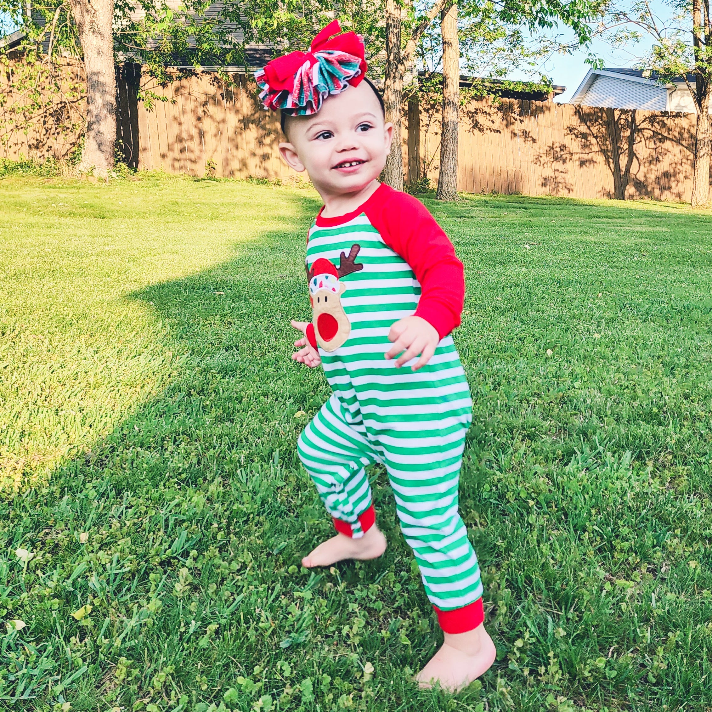 AnnLoren Baby Toddler Boys Unisex Long Sleeve Rudolf the Reindeer romper featuring red and green stripes with a reindeer appliqué.