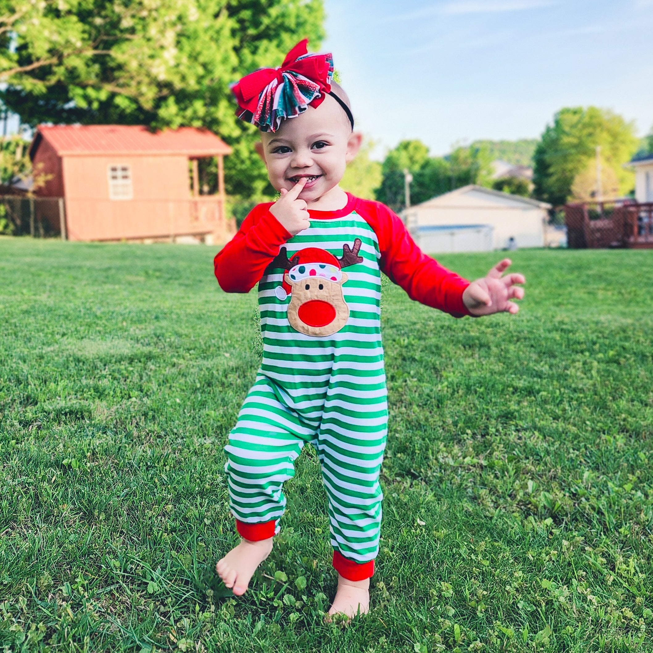 AnnLoren Baby Toddler Boys Unisex Long Sleeve Rudolf the Reindeer romper featuring red and green stripes with a reindeer appliqué.