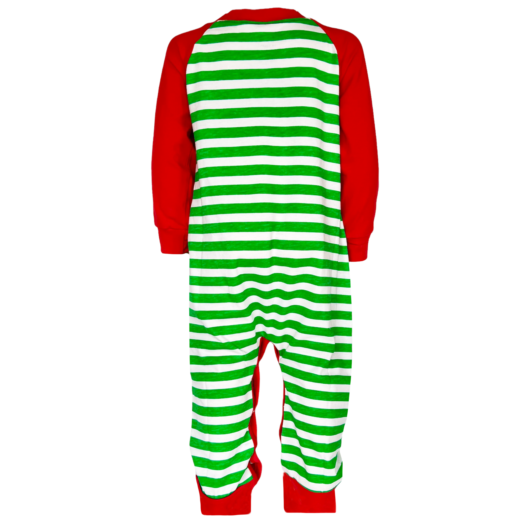 AnnLoren Baby Toddler Boys Unisex Long Sleeve Rudolf the Reindeer romper featuring red and green stripes with a reindeer appliqué.