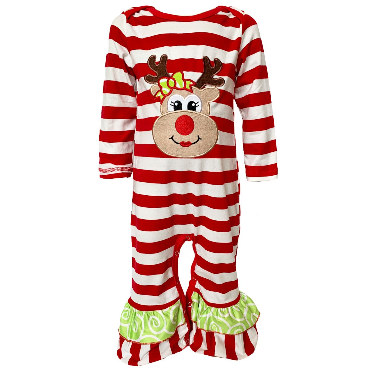 AnnLoren Baby Toddler Girls Boutique Christmas Reindeer Romper featuring red and white stripes with green Christmas tree appliqué and ruffles.