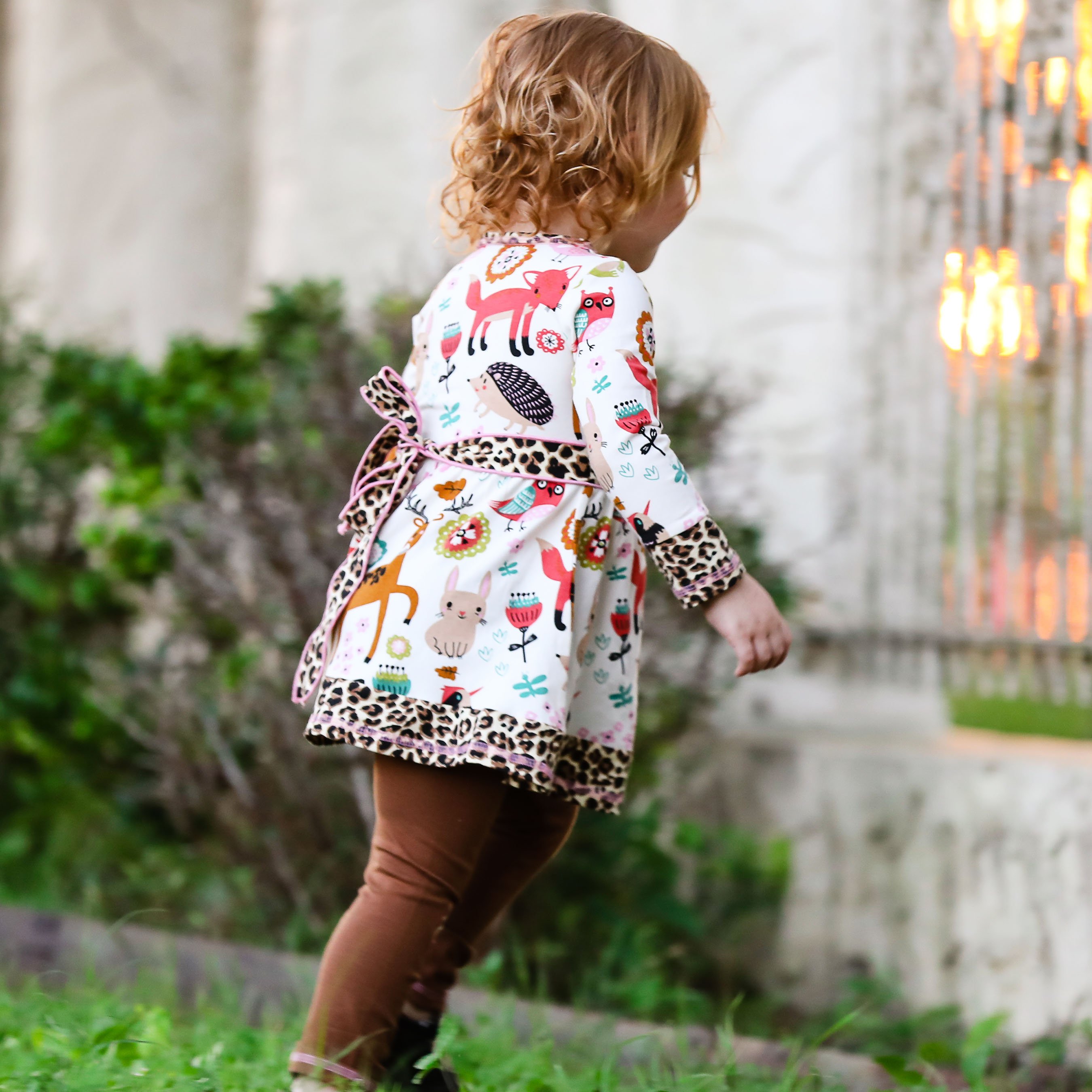 AnnLoren Big Little Girls Boutique Fall Forest Fox Dress featuring forest animal print, leopard trim, and coordinating leggings.