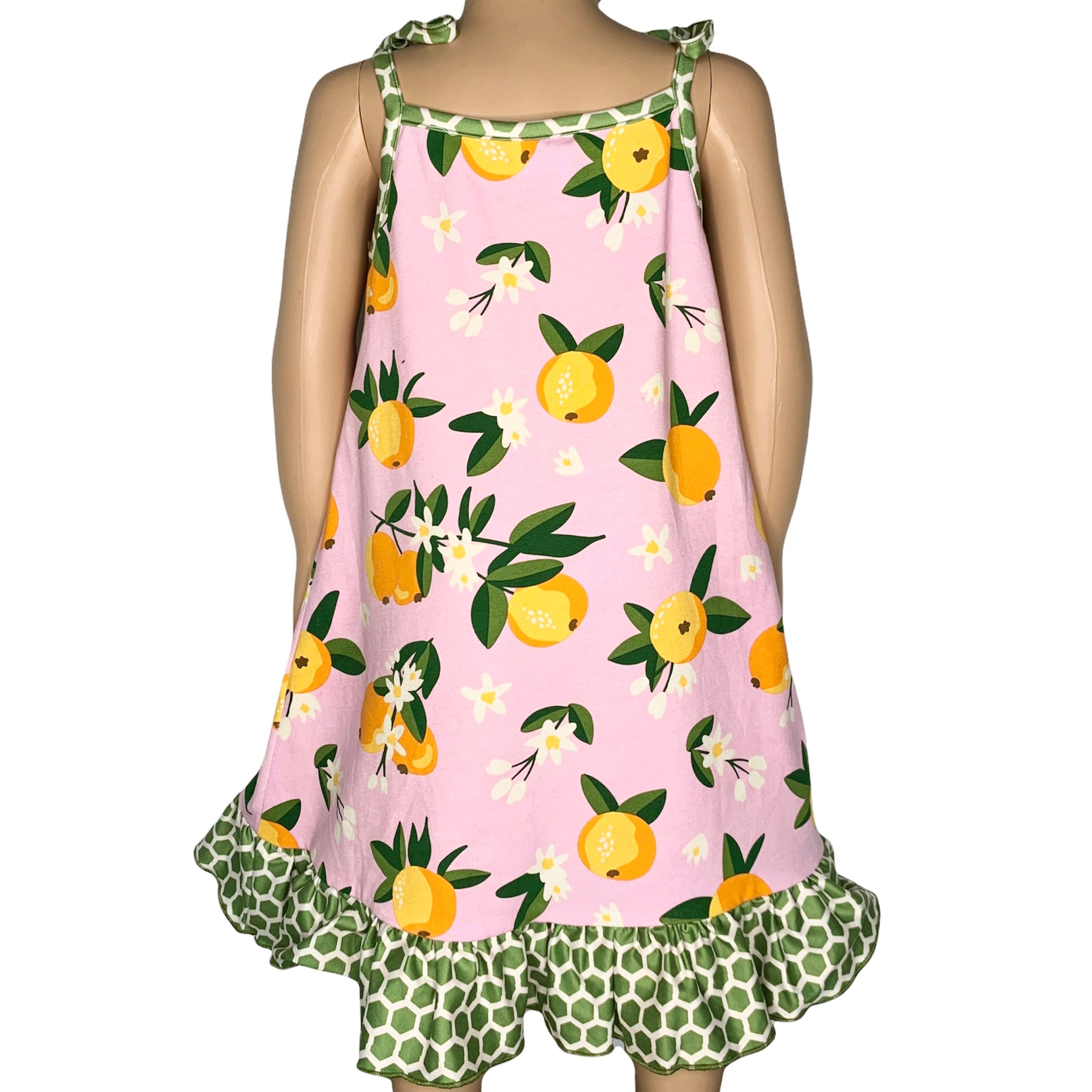 AnnLoren Big Little Girls Pretty as a Peach Pink Spaghetti Strap Dress featuring green polka dot ruffles and a chest pocket.