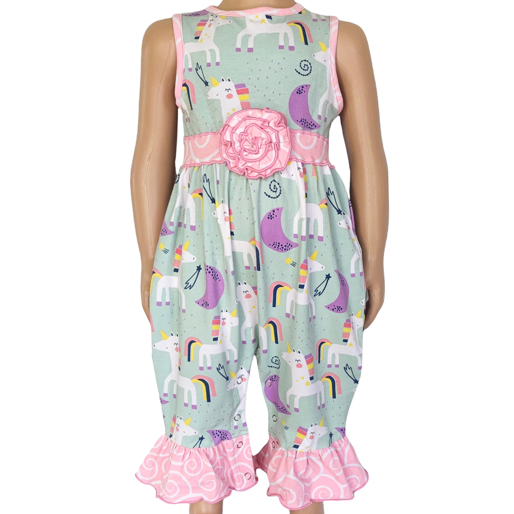 AnnLoren Boutique Baby Girls Unicorn & Rainbow Romper featuring original unicorn print, pink swirl ruffles, and snap closures.