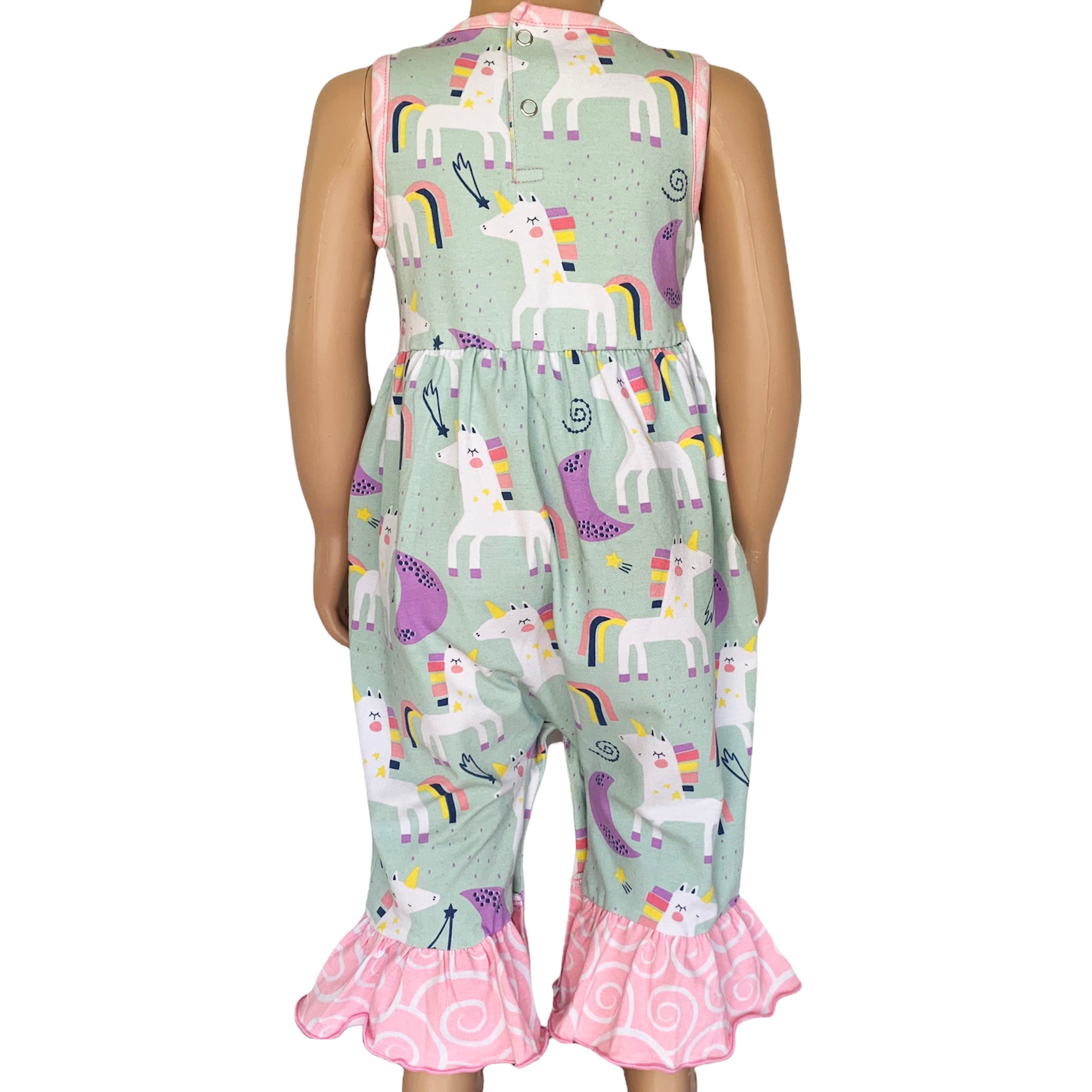 AnnLoren Boutique Baby Girls Unicorn & Rainbow Romper featuring original unicorn print, pink swirl ruffles, and snap closures.