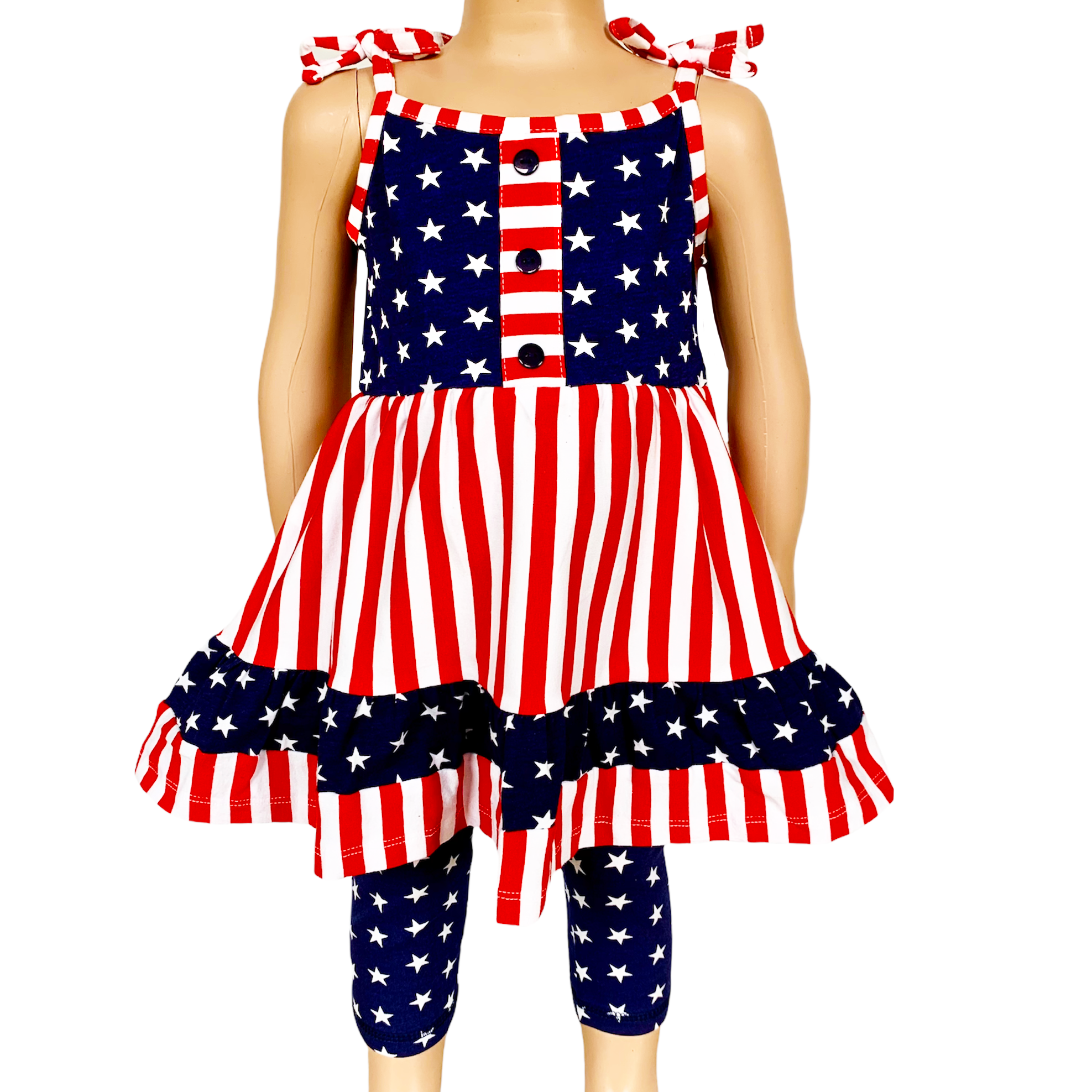 AnnLoren Girls 4th of July dress featuring red and white stripes with blue stars, paired with blue star capri leggings.