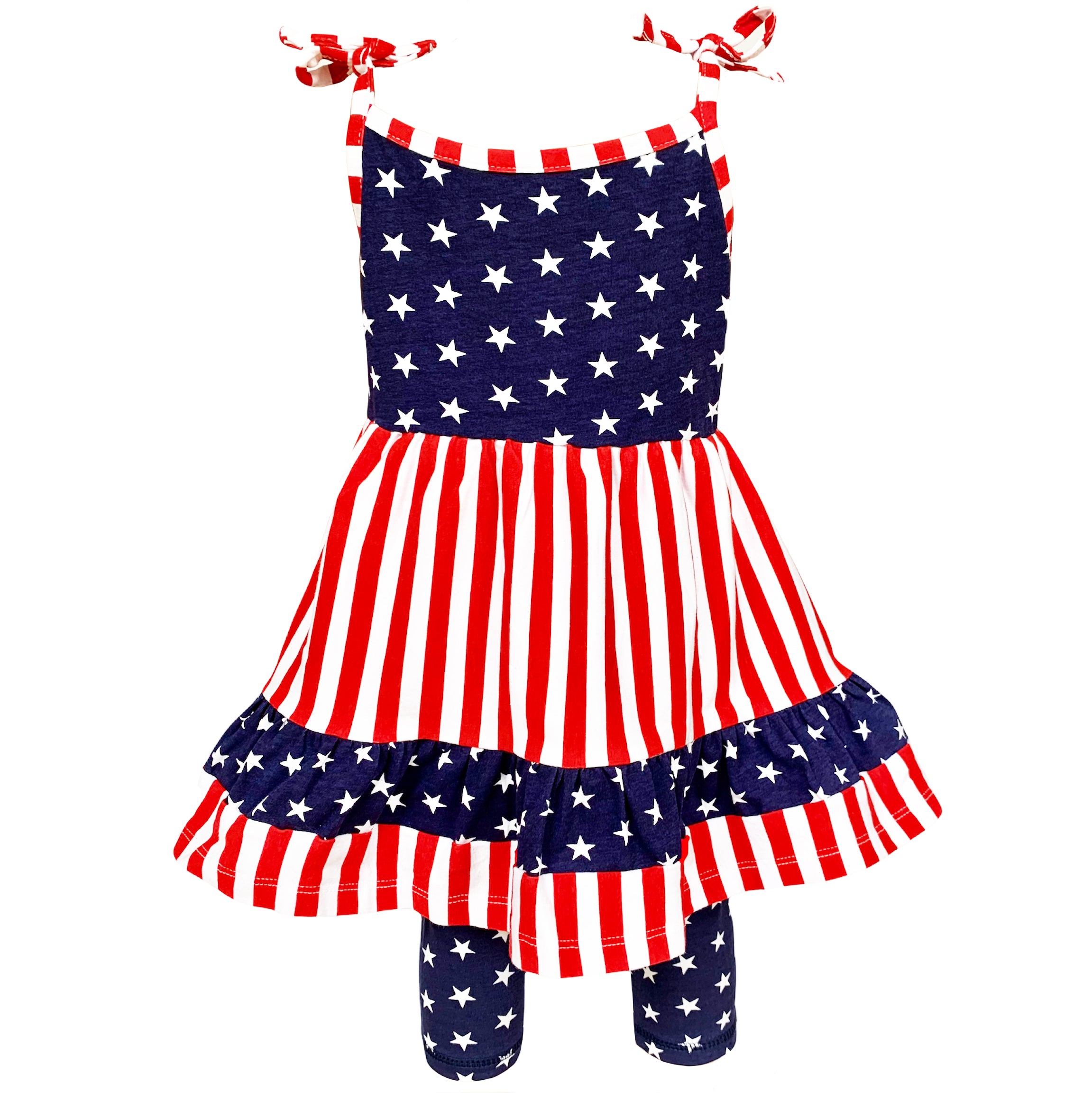 AnnLoren Girls 4th of July dress featuring red and white stripes with blue stars, paired with blue star capri leggings.