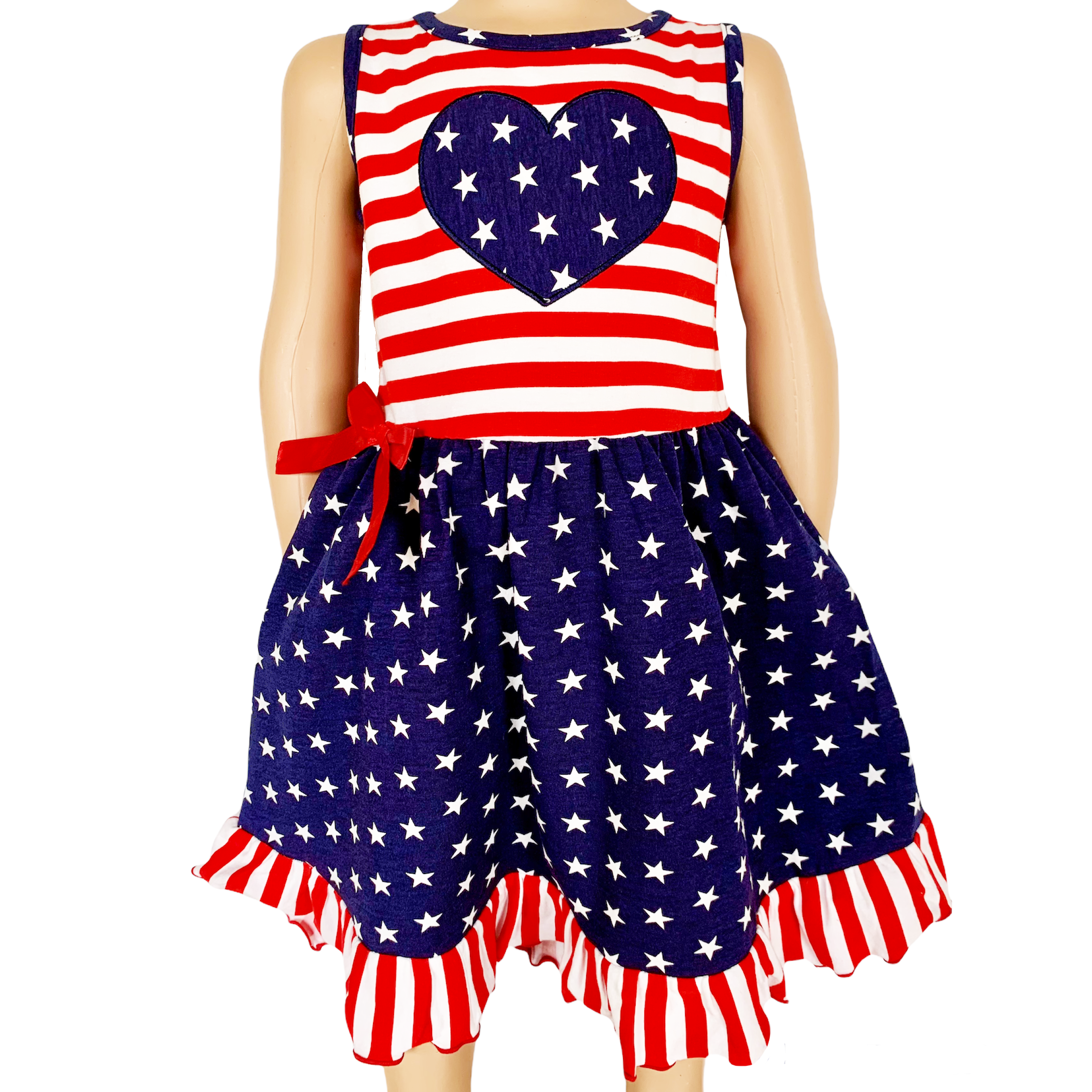 AnnLoren Girls 4th of July Stars & Striped Heart Dress featuring red and white stripes with a blue star patch, perfect for summer celebrations.