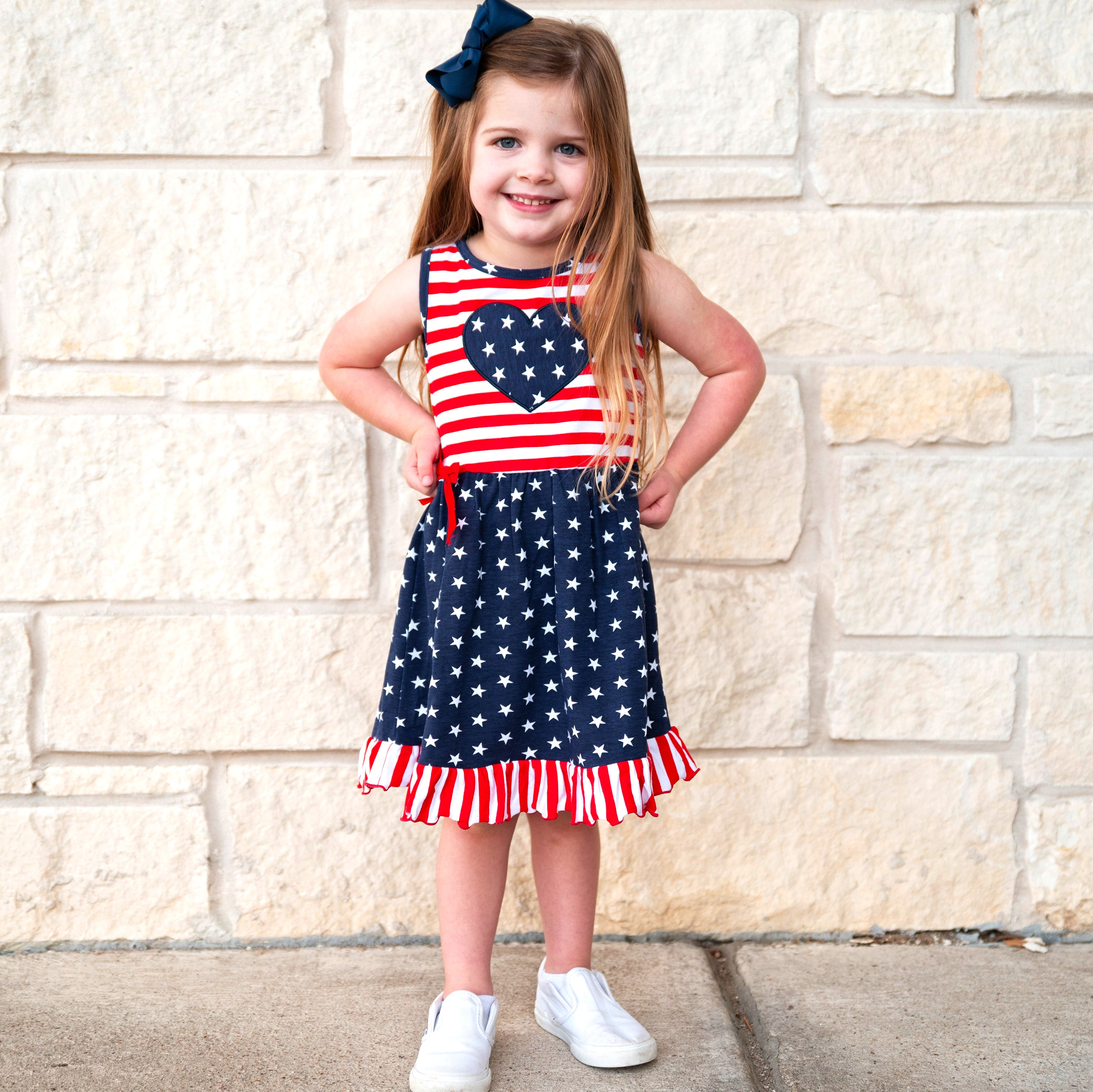 AnnLoren Girls 4th of July Stars & Striped Heart Dress featuring red and white stripes with a blue star patch, perfect for summer celebrations.
