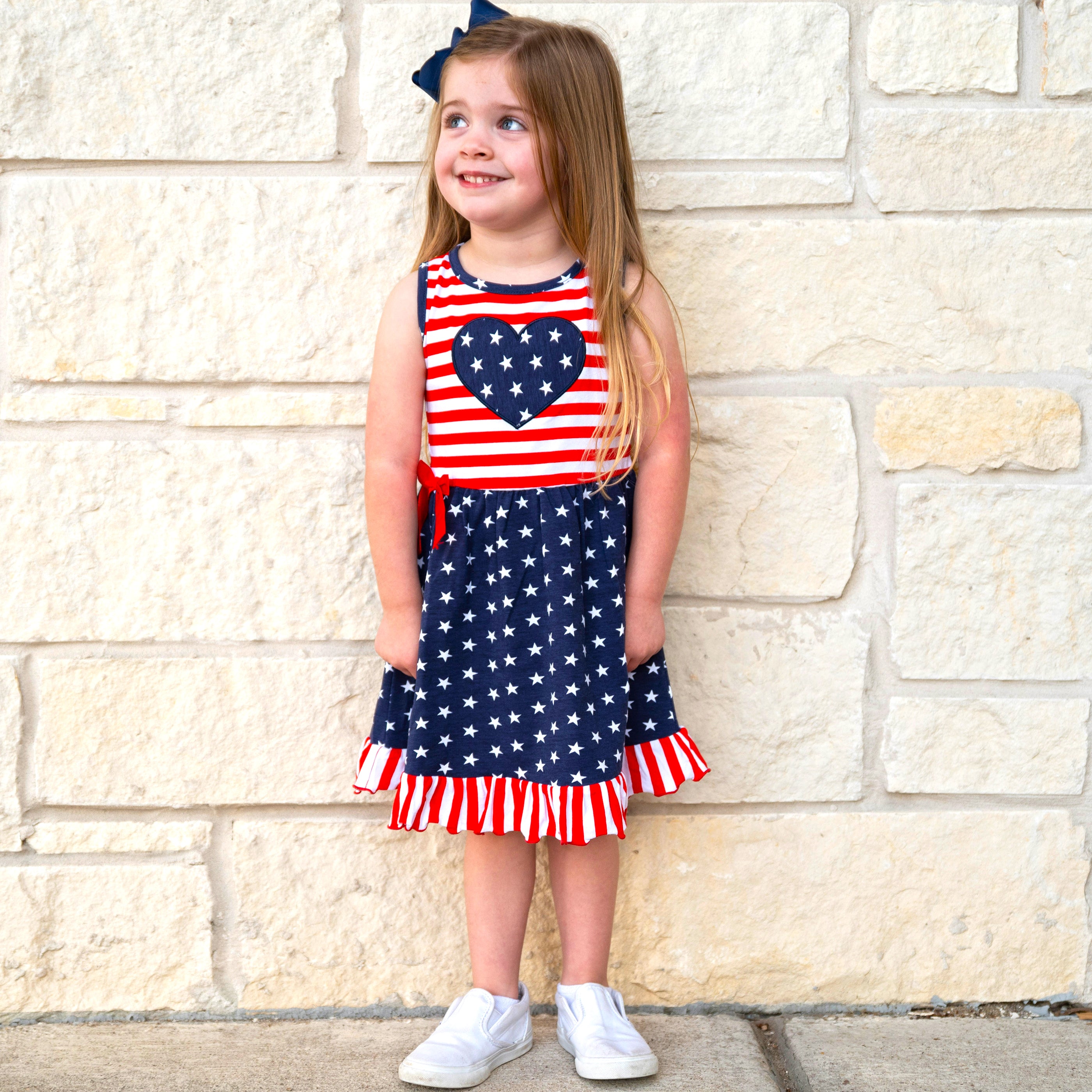 AnnLoren Girls 4th of July Stars & Striped Heart Dress featuring red and white stripes with a blue star patch, perfect for summer celebrations.