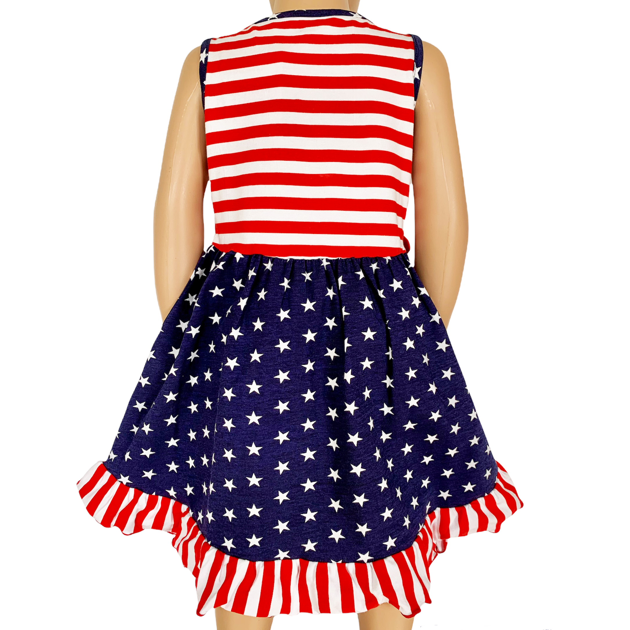 AnnLoren Girls 4th of July Stars & Striped Heart Dress featuring red and white stripes with a blue star patch, perfect for summer celebrations.