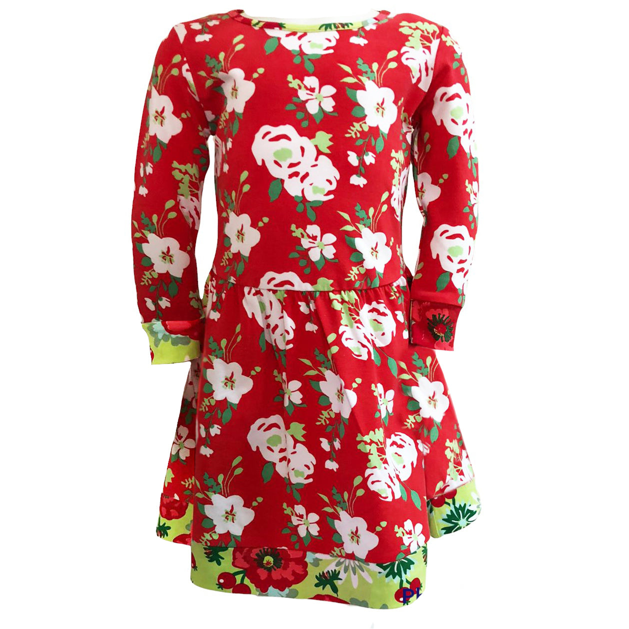 AnnLoren Girls Boutique Christmas Floral Long Sleeve Cotton Party Dress featuring red and green floral print with coordinating trim.