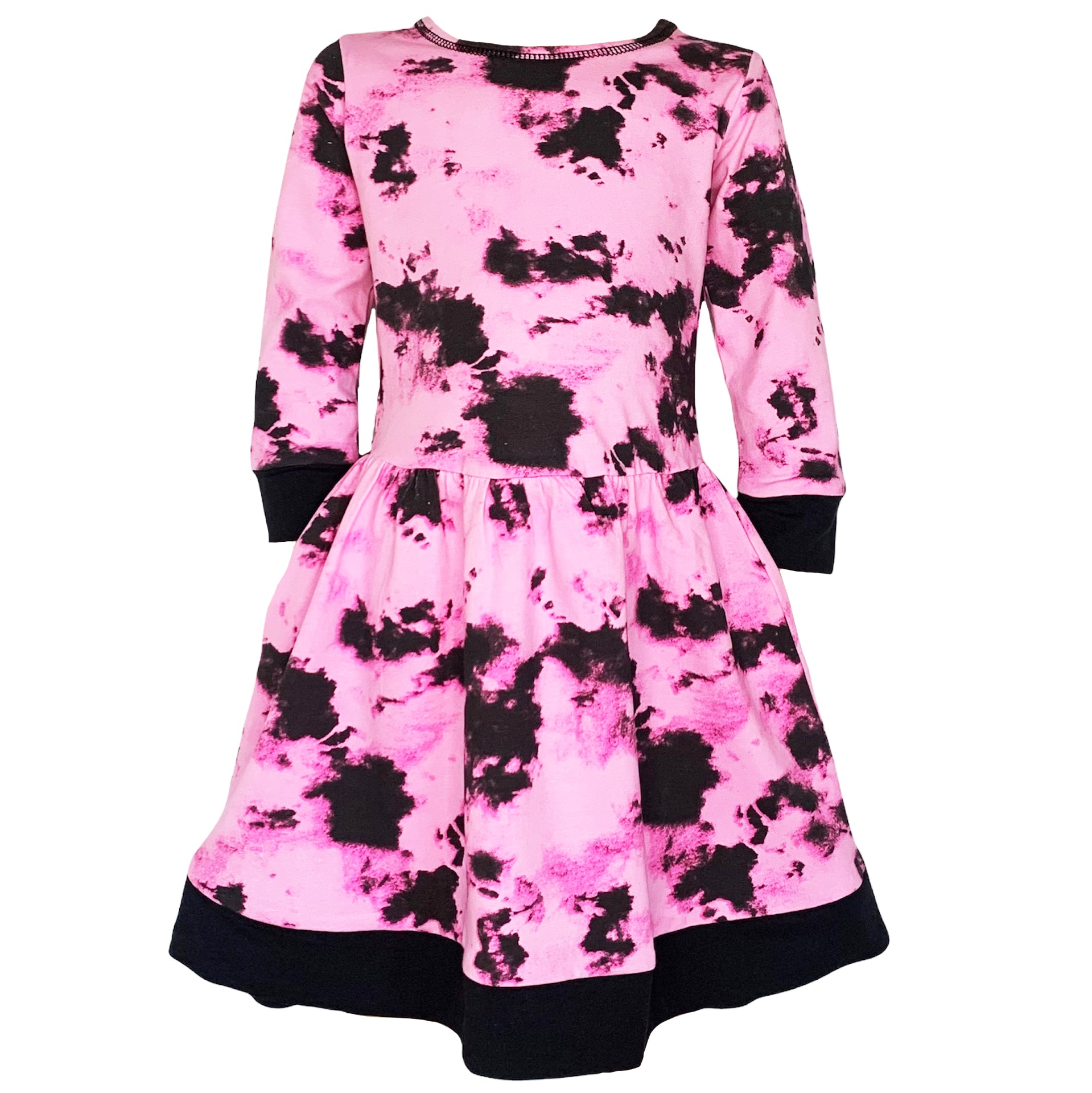 AnnLoren Girls Boutique Tie Dye Dress in pink, black, and white, featuring long sleeves and a knee-length swing design.