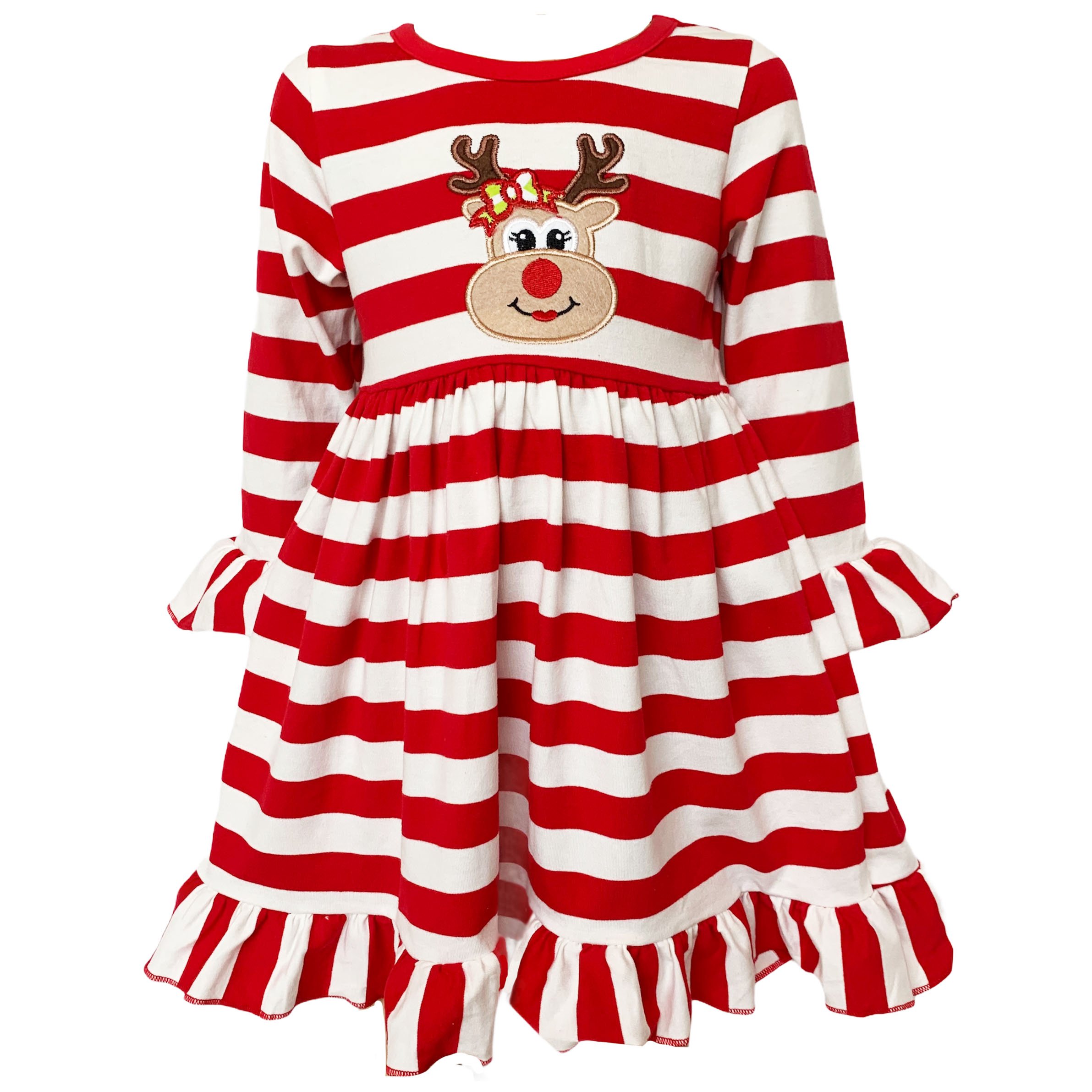 AnnLoren Girls Boutique Red Stripe Christmas dress featuring Rudolf the Reindeer applique and ruffled hem, perfect for festive occasions.
