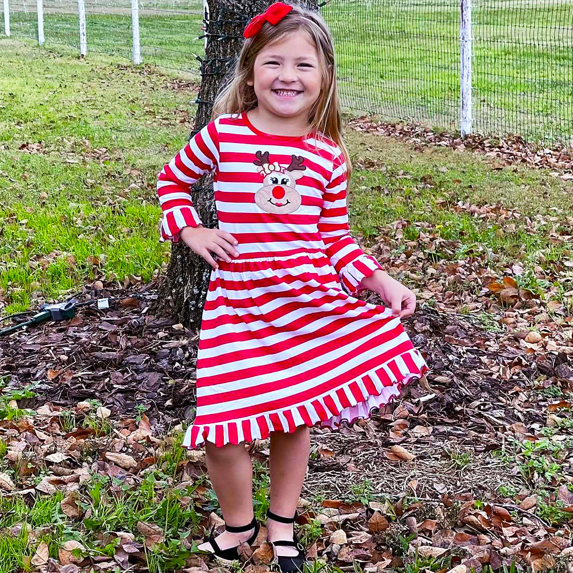 AnnLoren Girls Boutique Red Stripe Christmas dress featuring Rudolf the Reindeer applique and ruffled hem, perfect for festive occasions.