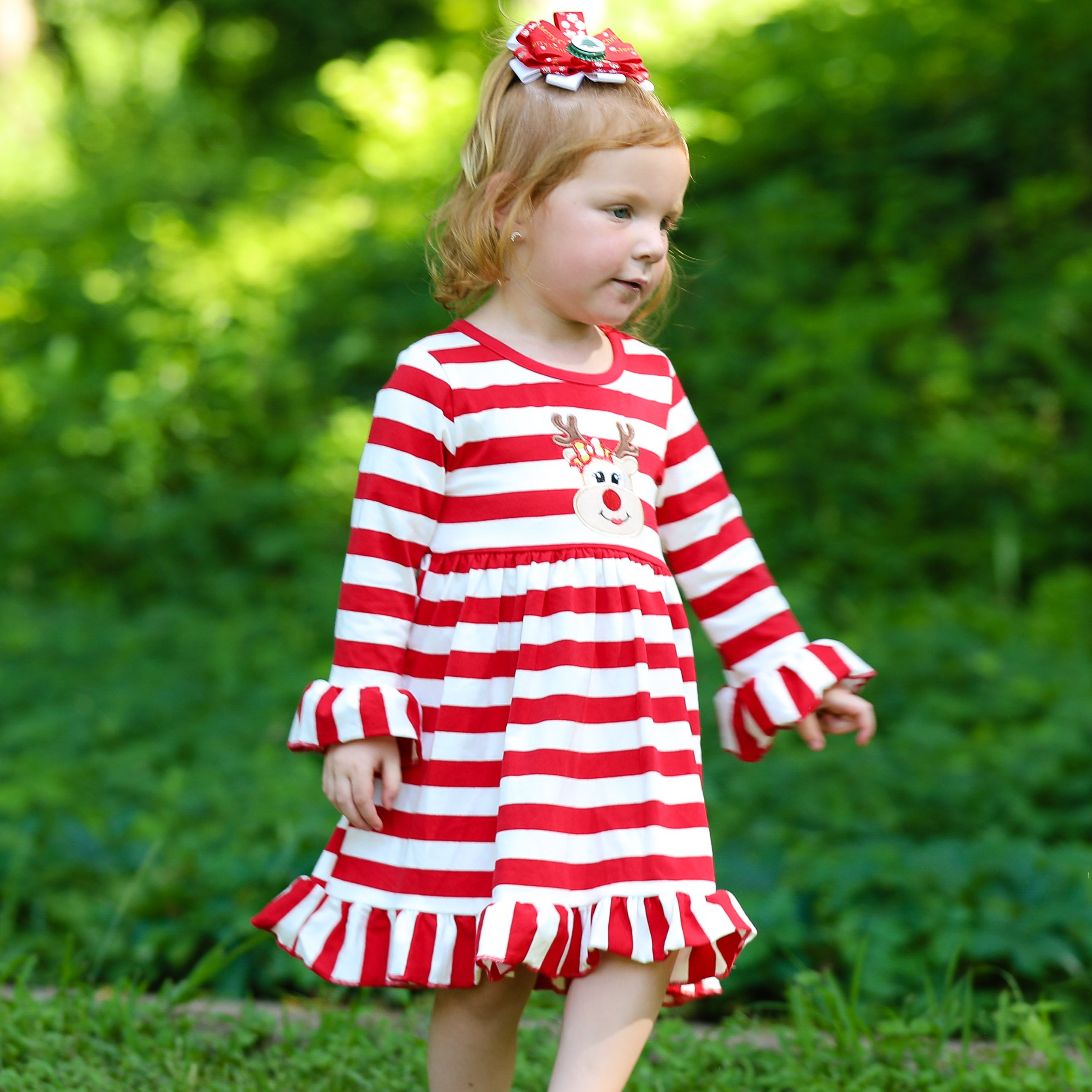 AnnLoren Girls Boutique Red Stripe Christmas dress featuring Rudolf the Reindeer applique and ruffled hem, perfect for festive occasions.