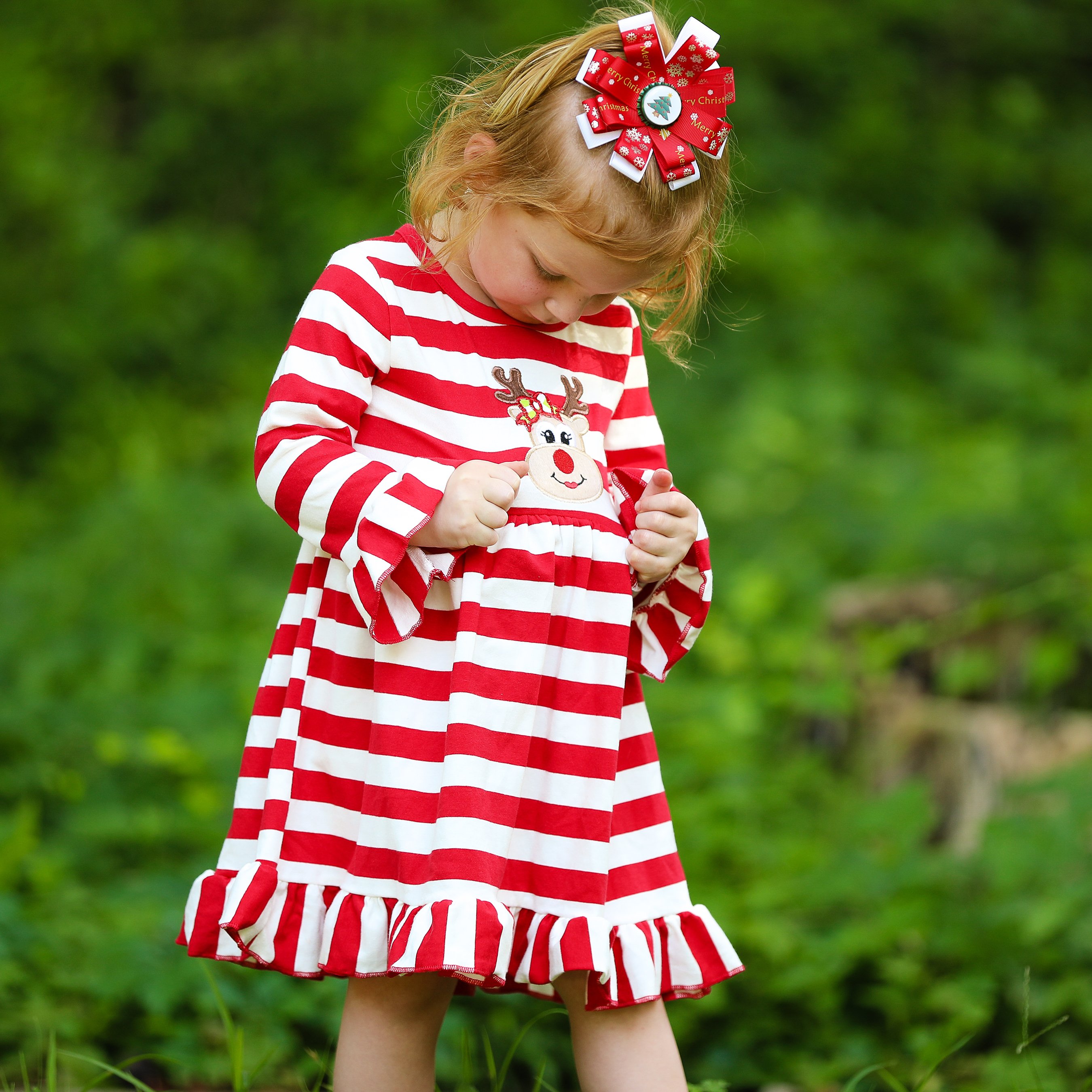 AnnLoren Girls Boutique Red Stripe Christmas dress featuring Rudolf the Reindeer applique and ruffled hem, perfect for festive occasions.