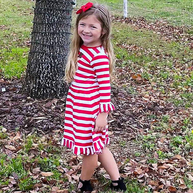 AnnLoren Girls Boutique Red Stripe Christmas dress featuring Rudolf the Reindeer applique and ruffled hem, perfect for festive occasions.