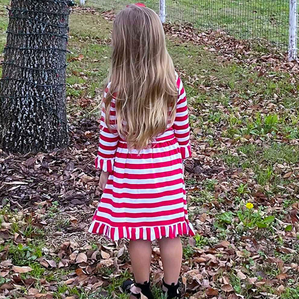 AnnLoren Girls Boutique Red Stripe Christmas dress featuring Rudolf the Reindeer applique and ruffled hem, perfect for festive occasions.
