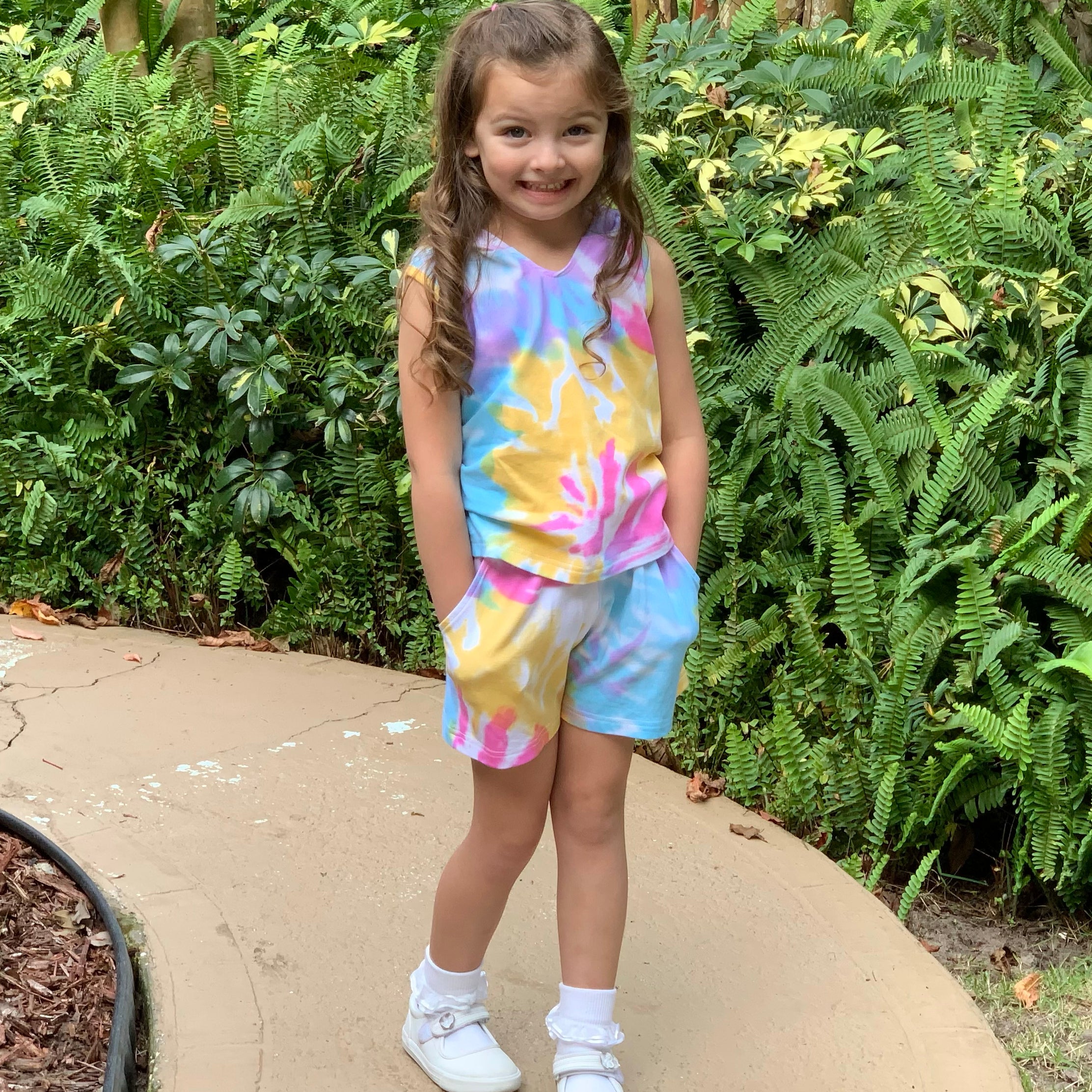 AnnLoren Girls Candy Pastel Tie Dye Cotton Hoodie Tank and Shorts Set featuring a colorful swirl pattern in pink, blue, purple, and yellow.