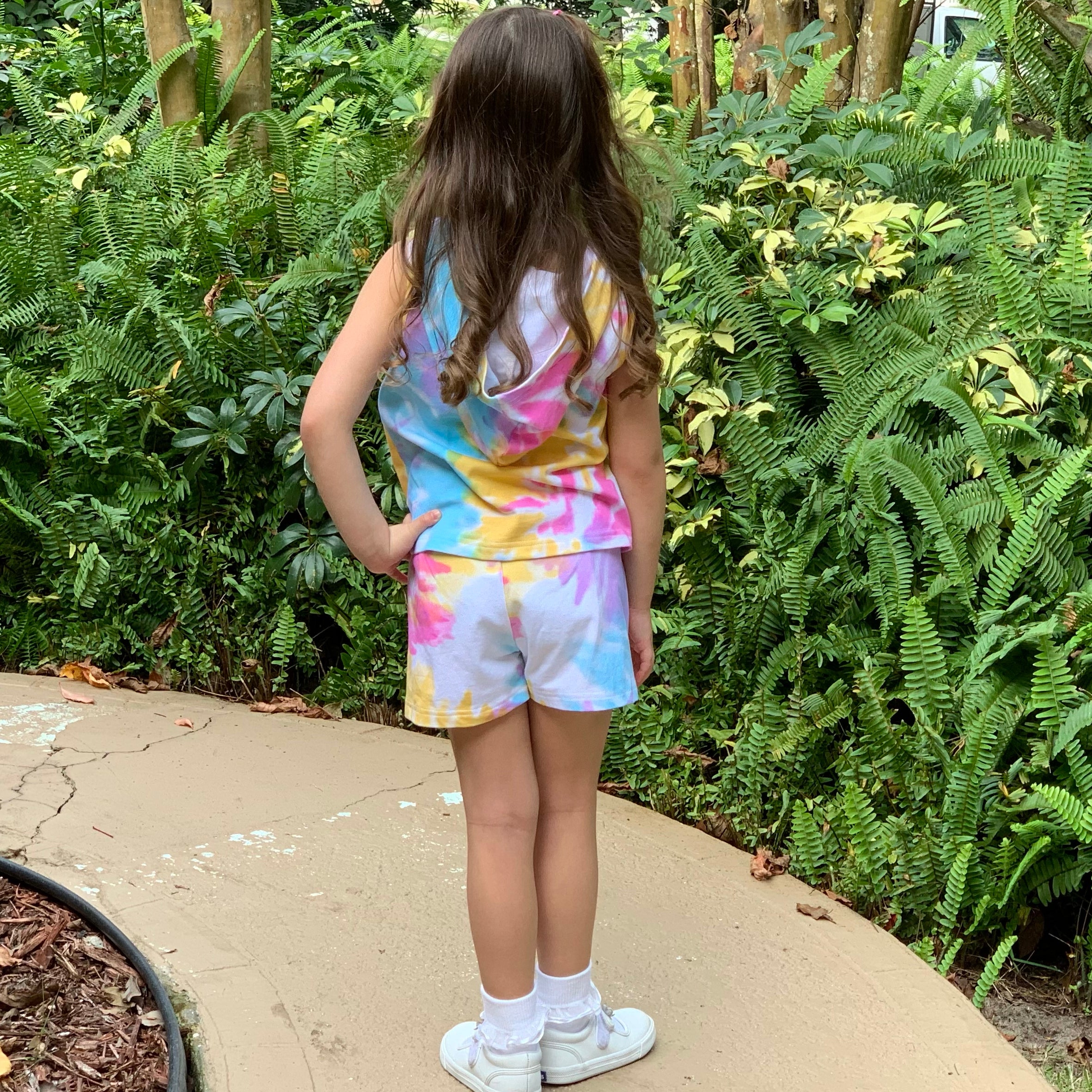 AnnLoren Girls Candy Pastel Tie Dye Cotton Hoodie Tank and Shorts Set featuring a colorful swirl pattern in pink, blue, purple, and yellow.