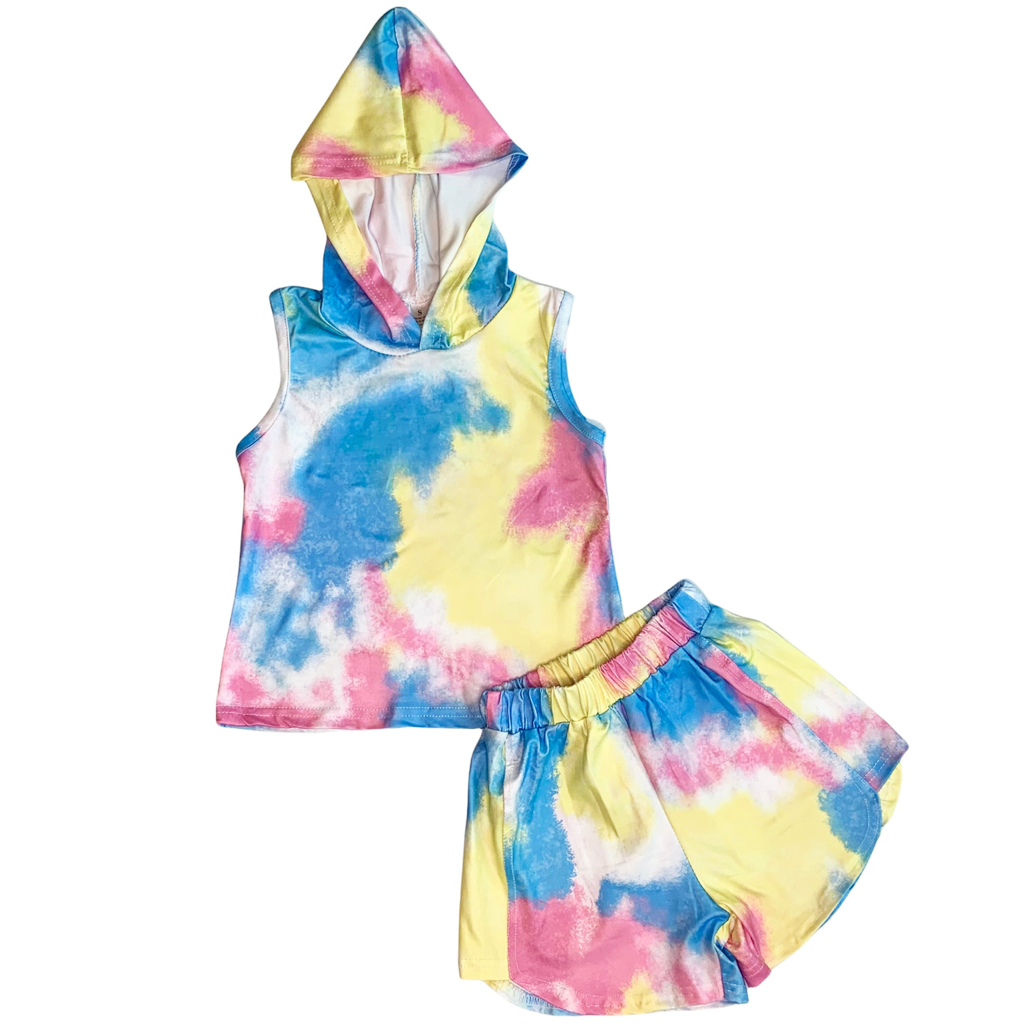AnnLoren Girls Candy Pastel Tie Dye Cotton Hoodie Tank and Shorts Set featuring vibrant pastel colors and a comfortable design.