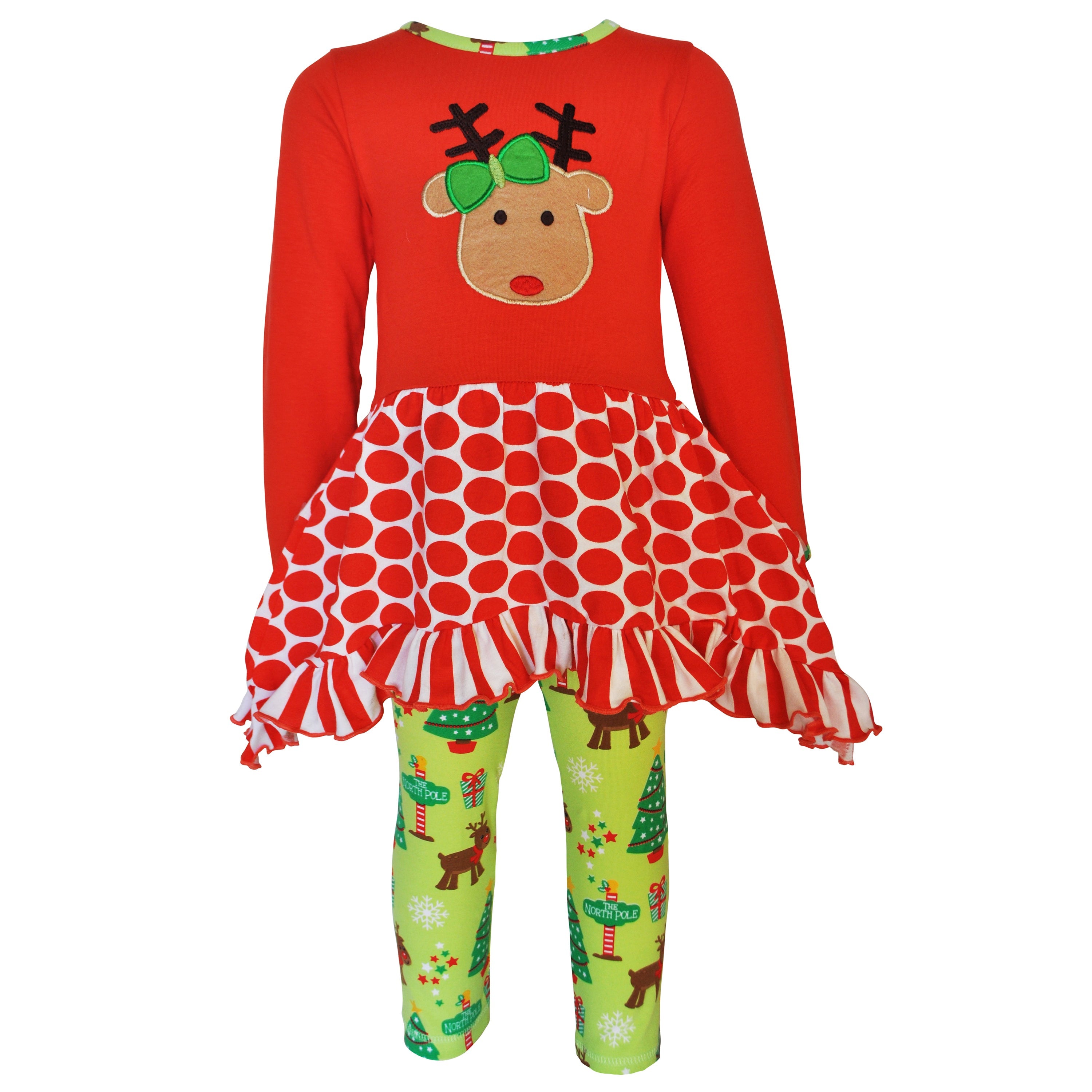 AnnLoren Girls Christmas Reindeer Tunic and Holiday Legging Set featuring a reindeer applique, polka dot tunic, and green knit leggings.