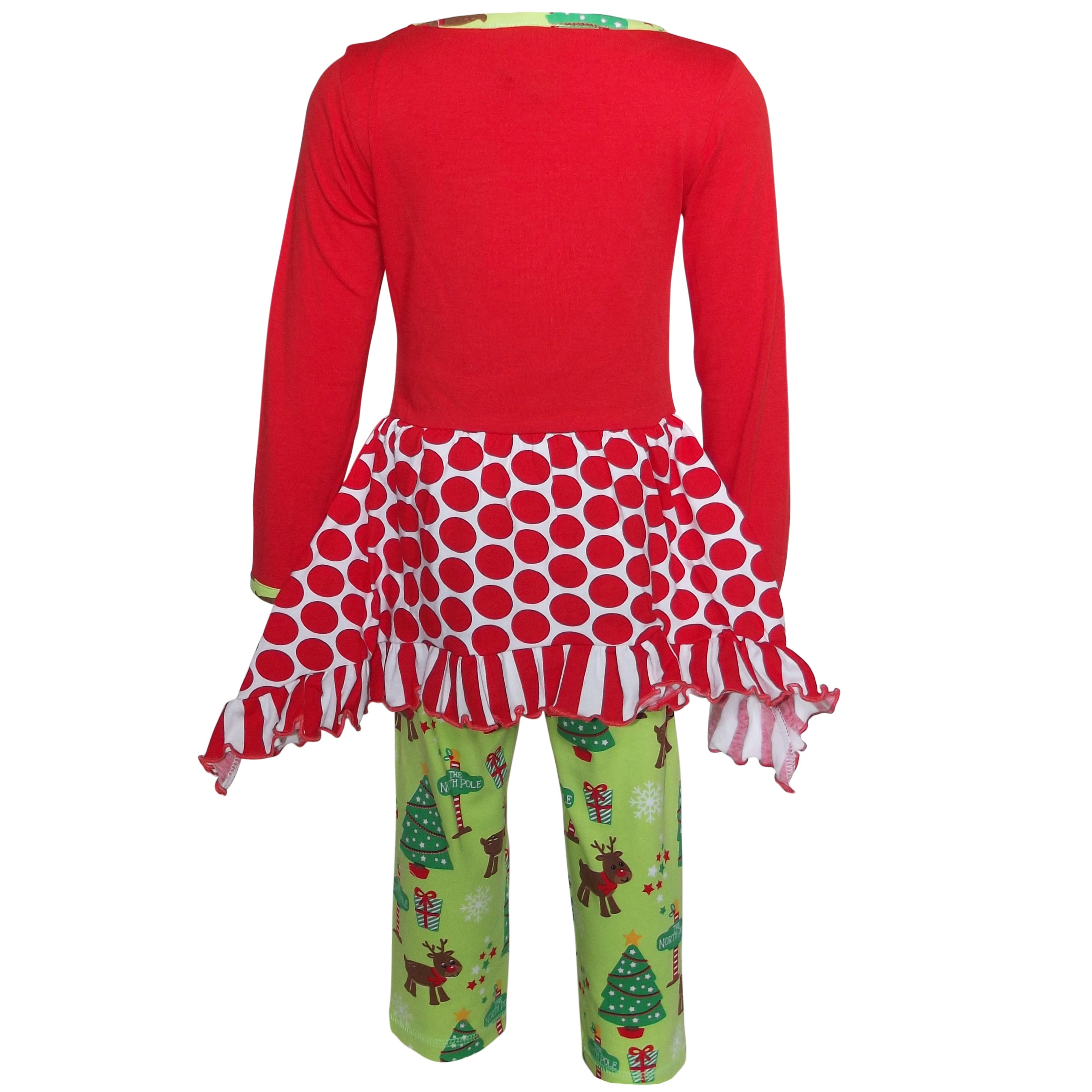 AnnLoren Girls Christmas Reindeer Tunic and Holiday Legging Set featuring a reindeer applique, polka dot tunic, and green knit leggings.
