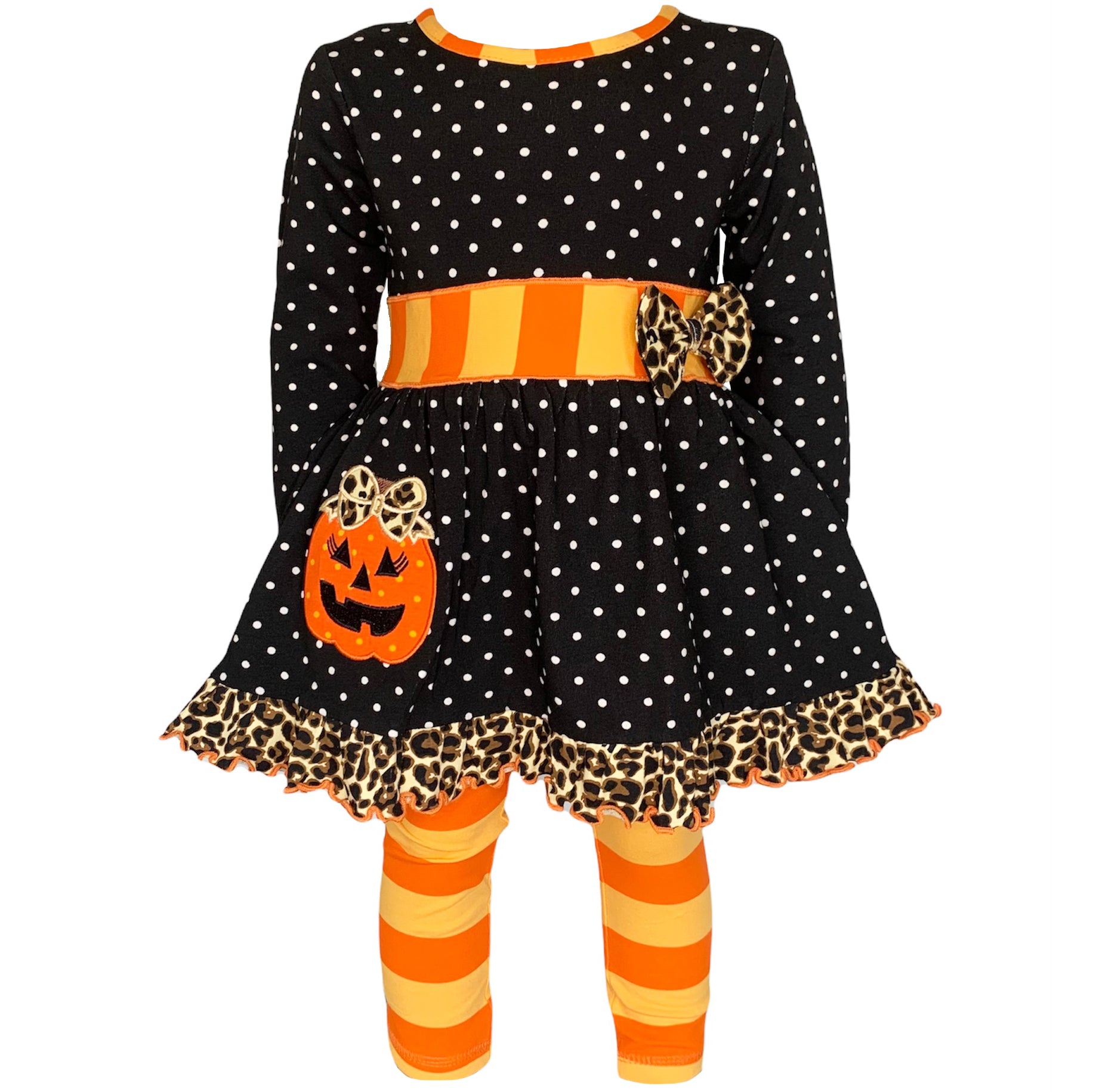 AnnLoren Girls' Halloween Orange Pumpkin Dress with matching leggings featuring a pumpkin applique and leopard bow.