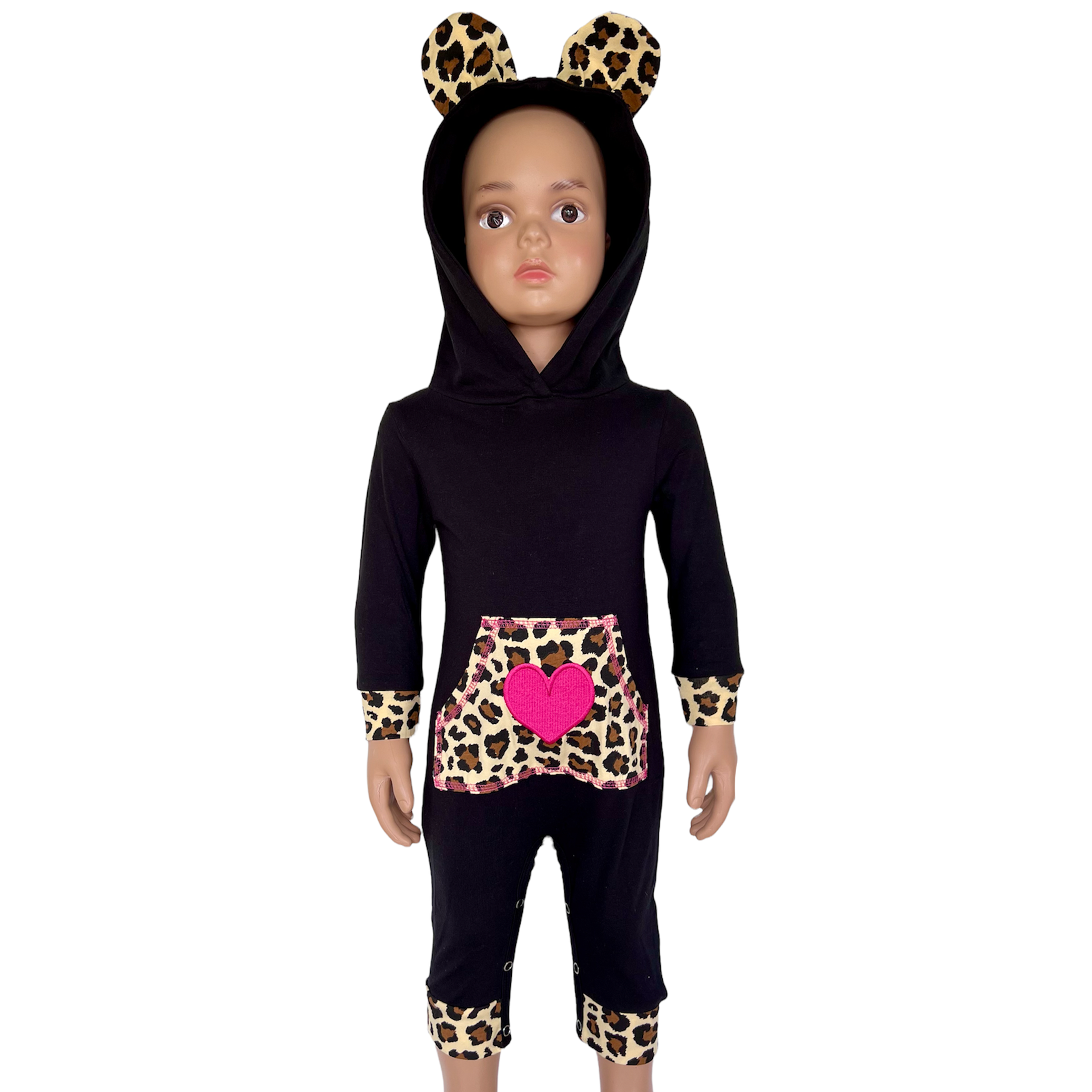 AnnLoren Girls Long Sleeve Leopard Heart Romper Hoodie featuring a black design with leopard ears and a kangaroo pocket.