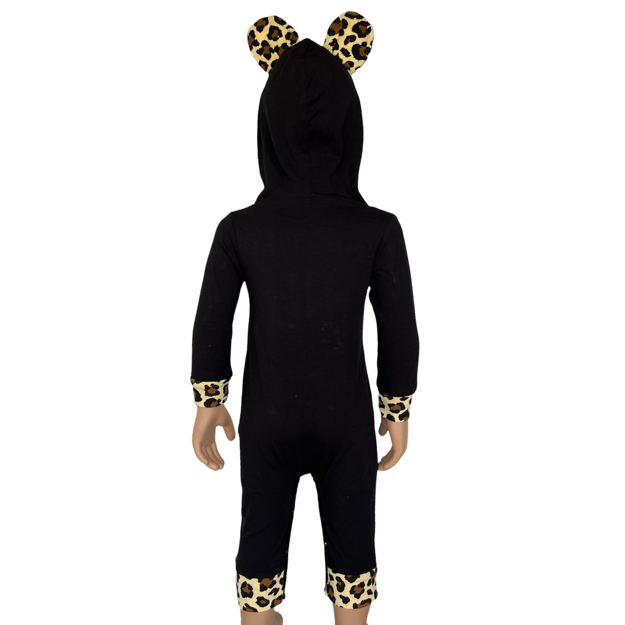 AnnLoren Girls Long Sleeve Leopard Heart Romper Hoodie featuring a black design with leopard ears and a kangaroo pocket.