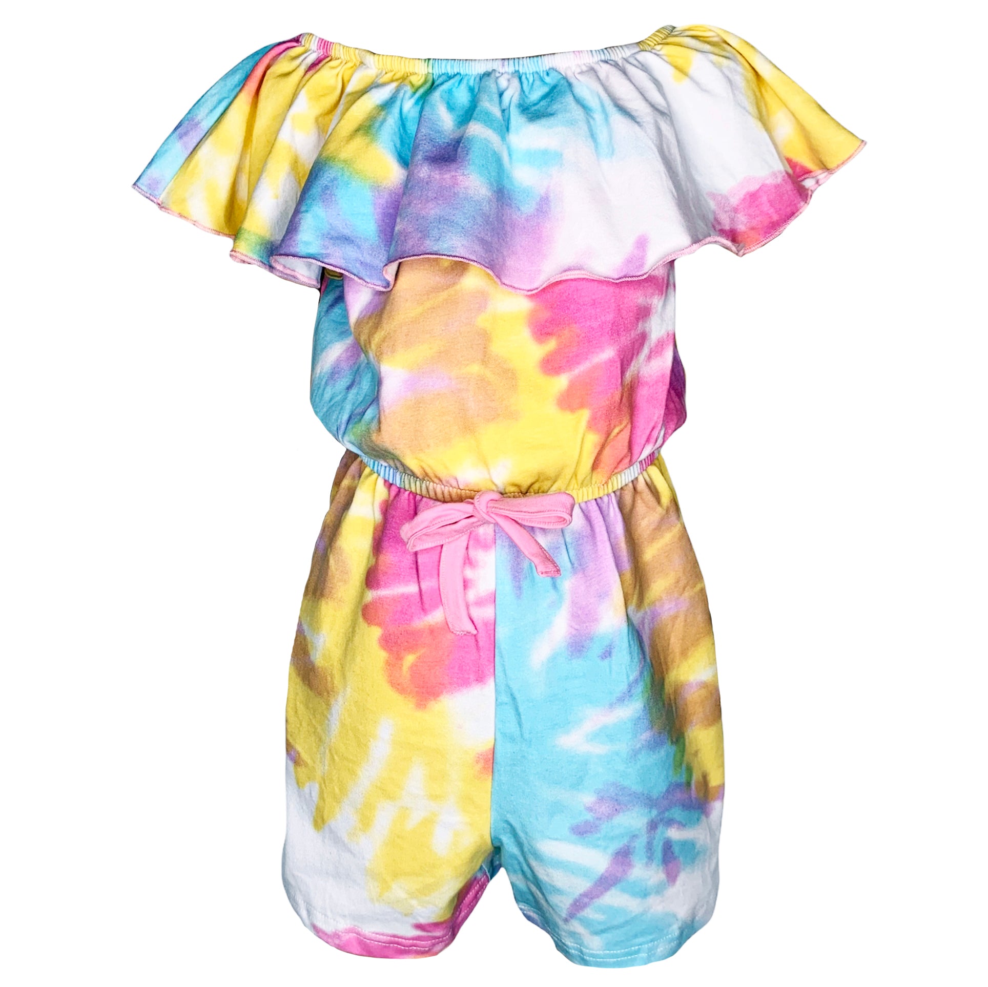 AnnLoren Girls Pastel Tie Dye Shorts Jumpsuit featuring vibrant pastel colors and a stylish bow detail at the waist.