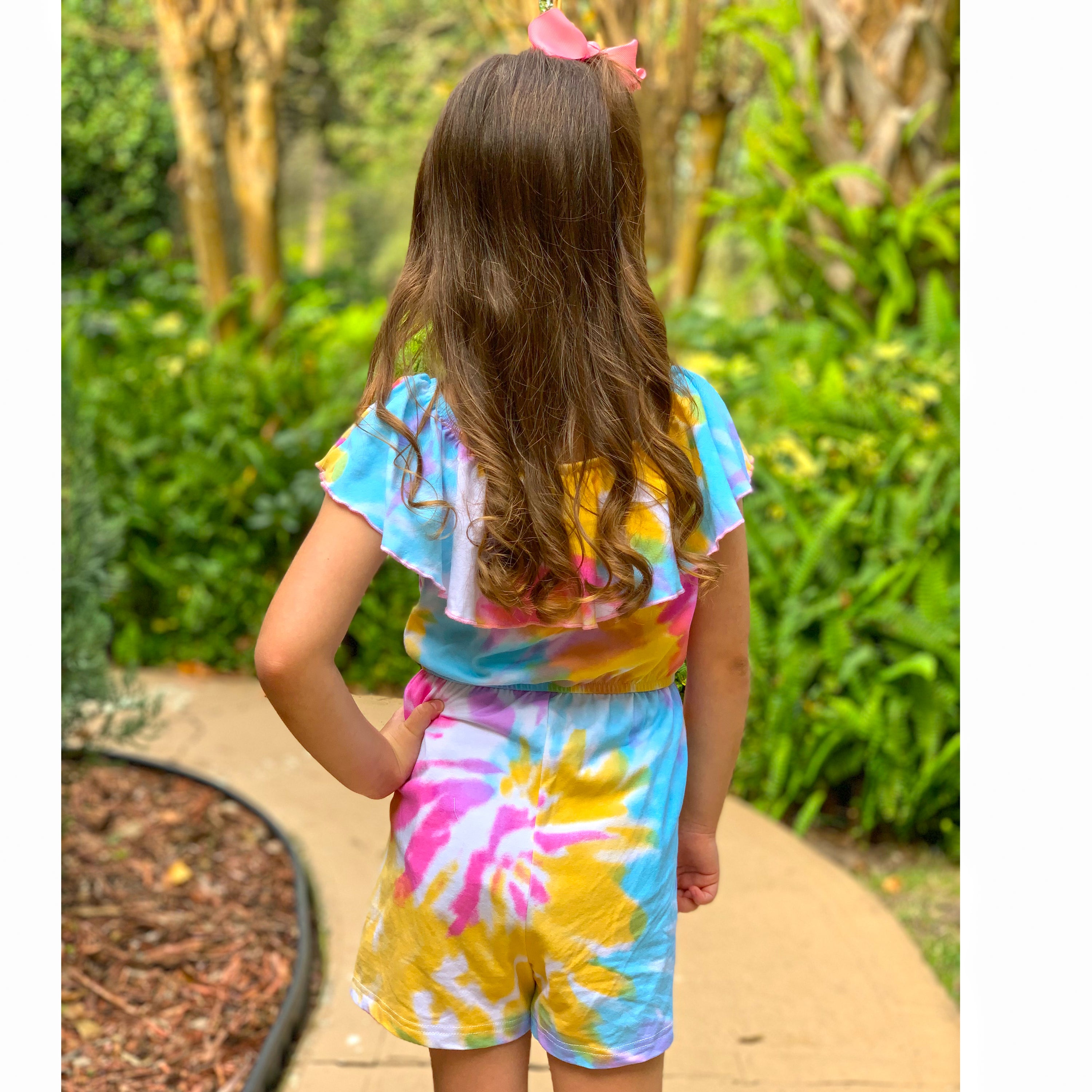 AnnLoren Girls Pastel Tie Dye Shorts Jumpsuit featuring vibrant pastel colors and a stylish bow detail at the waist.