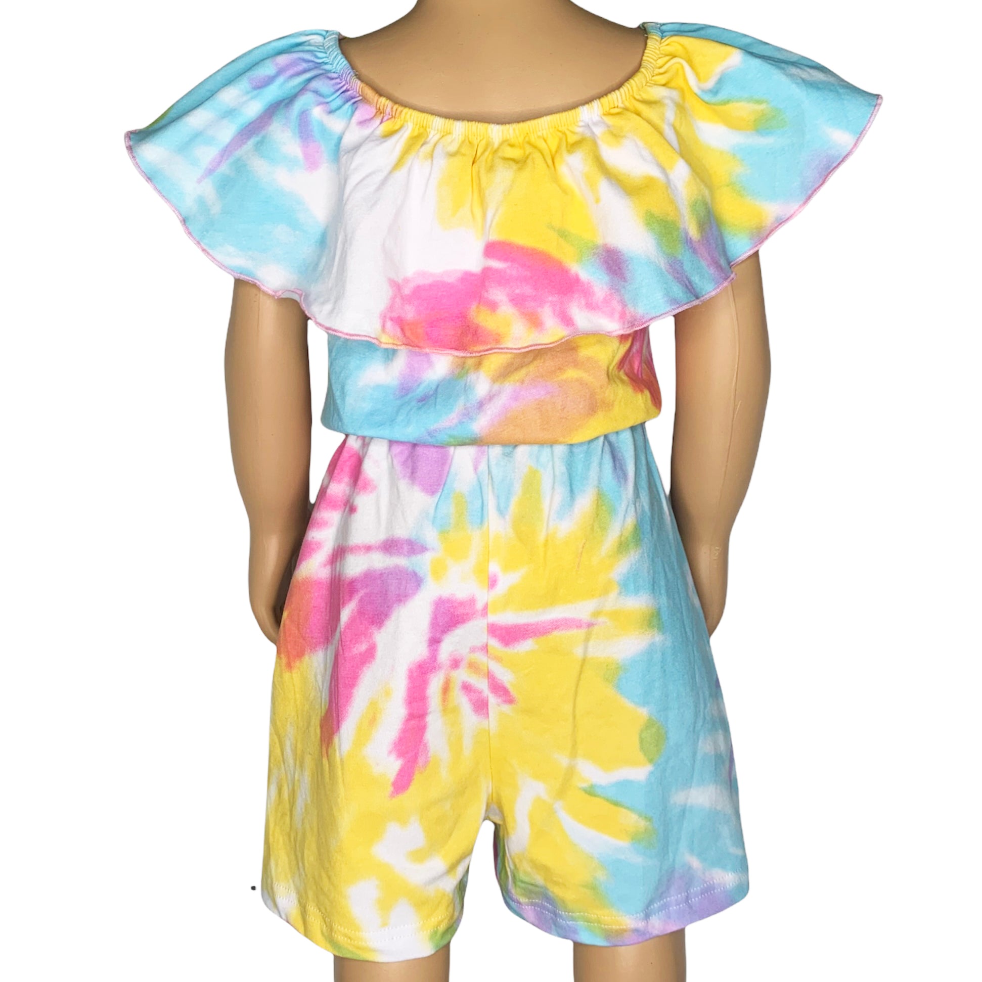 AnnLoren Girls Pastel Tie Dye Shorts Jumpsuit featuring vibrant pastel colors and a stylish bow detail at the waist.
