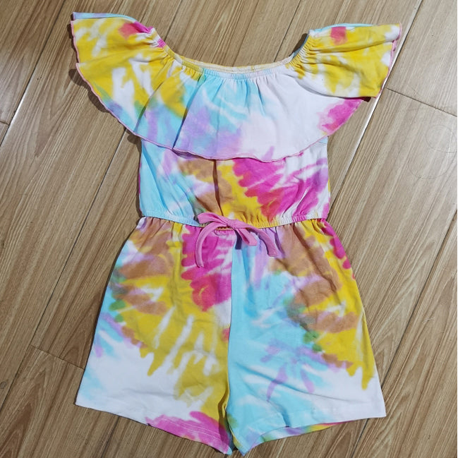 AnnLoren Girls Pastel Tie Dye Shorts Jumpsuit featuring vibrant pastel colors and a stylish bow detail at the waist.