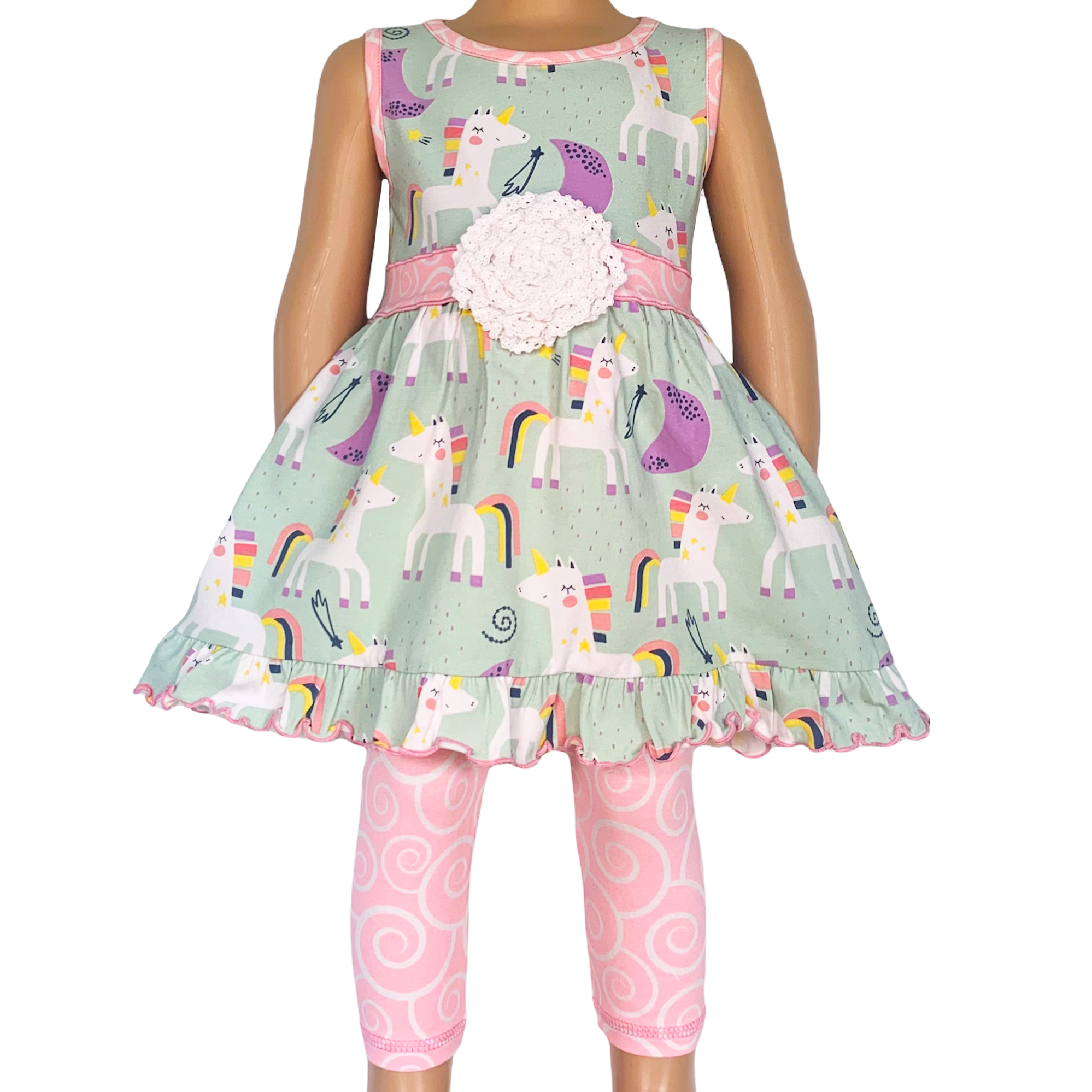 Main AnnLoren Girls Unicorns Rainbow Dress & Pink Swirl Leggings Outfit image