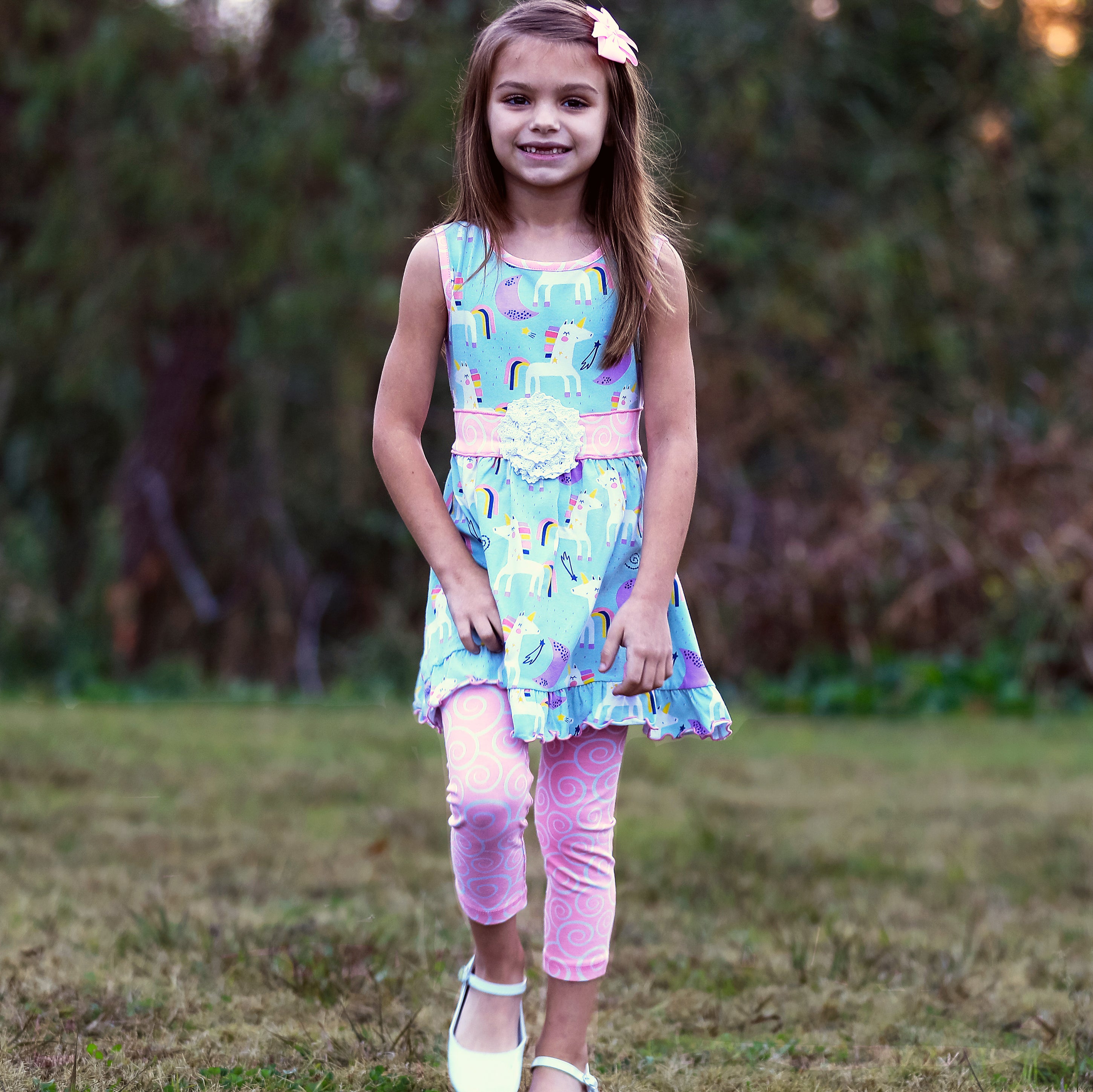 AnnLoren Girls Unicorns Rainbow Dress featuring a unicorn print and pink swirl leggings, perfect for young girls.
