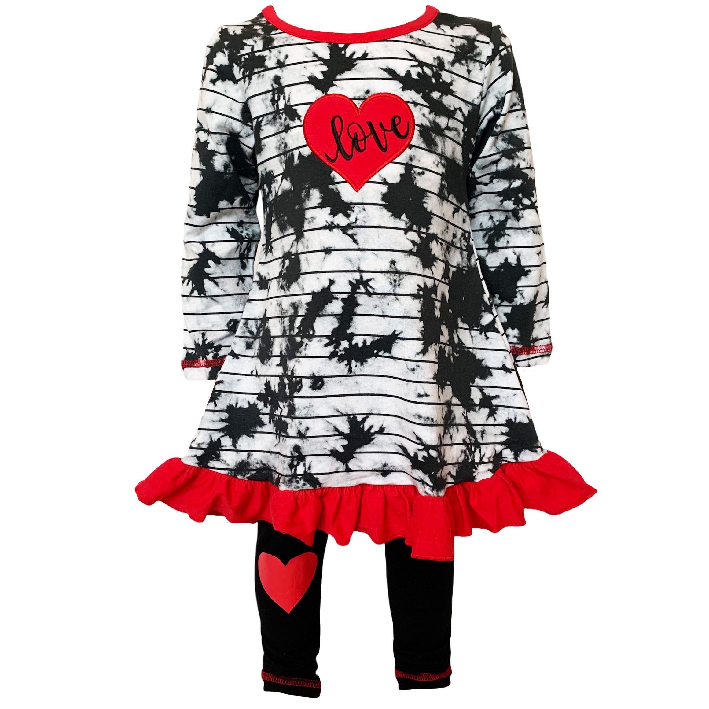 AnnLoren Girls Valentine's Day Heart Tie Dye Outfit featuring a black and white dress with a red heart patch and matching black leggings.