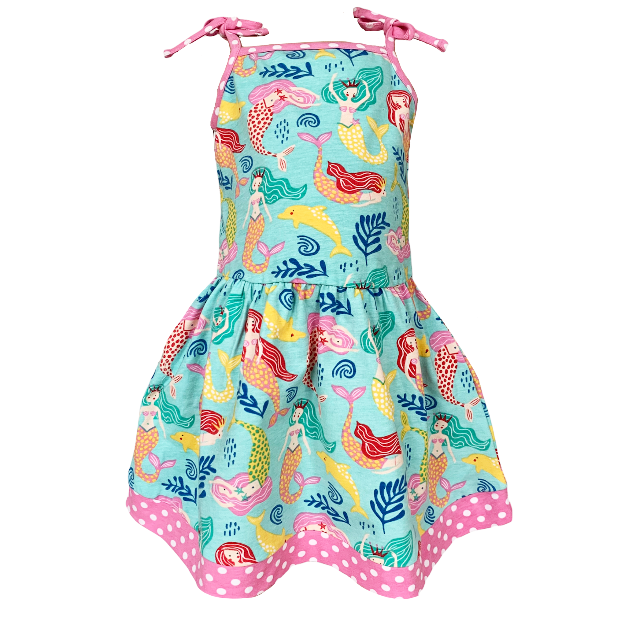 AnnLoren Little Big Girls Mermaid Dress featuring spaghetti straps and pink polka dot trim, made from soft Egyptian cotton.