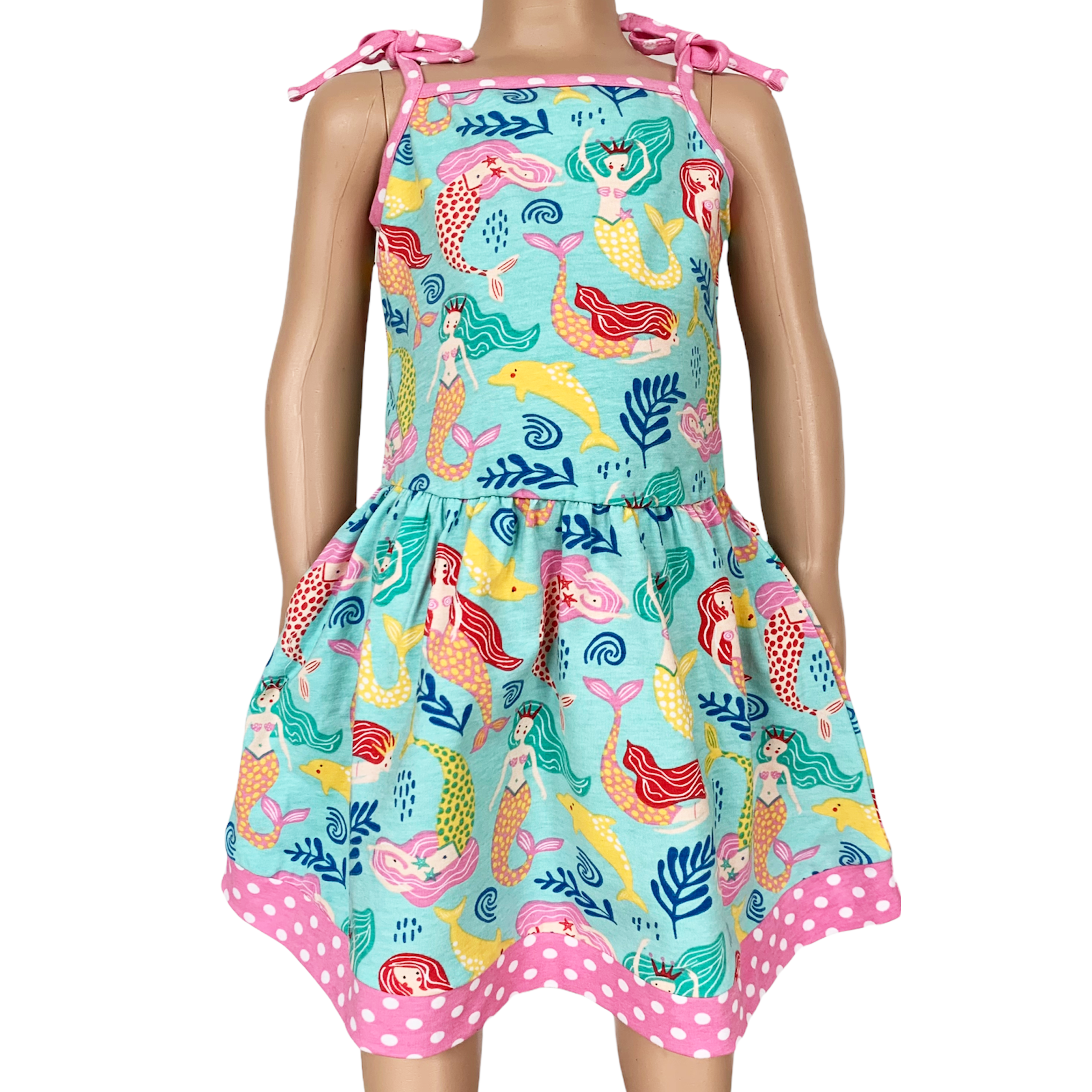 AnnLoren Little Big Girls Mermaid Dress featuring spaghetti straps and pink polka dot trim, made from soft Egyptian cotton.