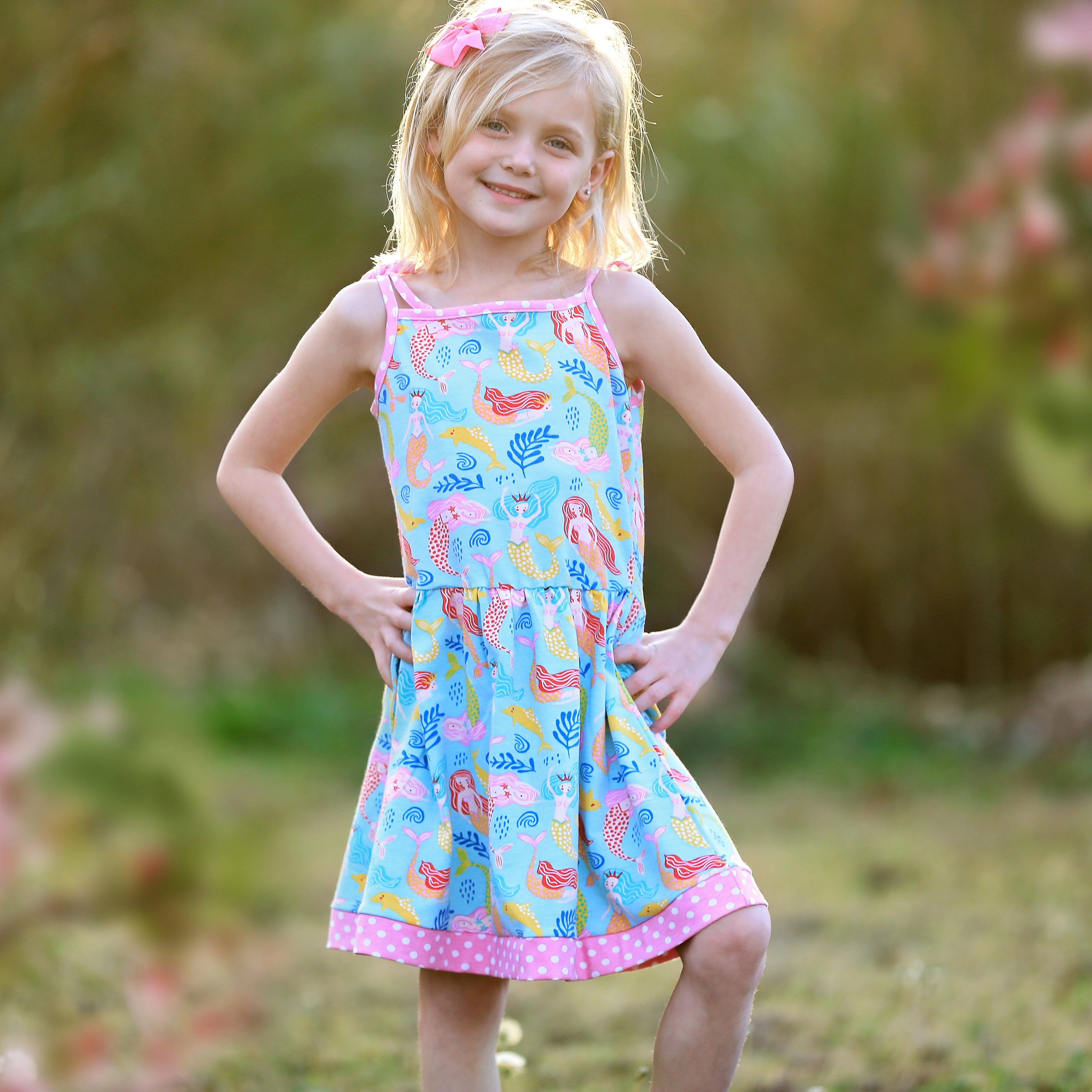 AnnLoren Little Big Girls Mermaid Dress featuring spaghetti straps and pink polka dot trim, made from soft Egyptian cotton.