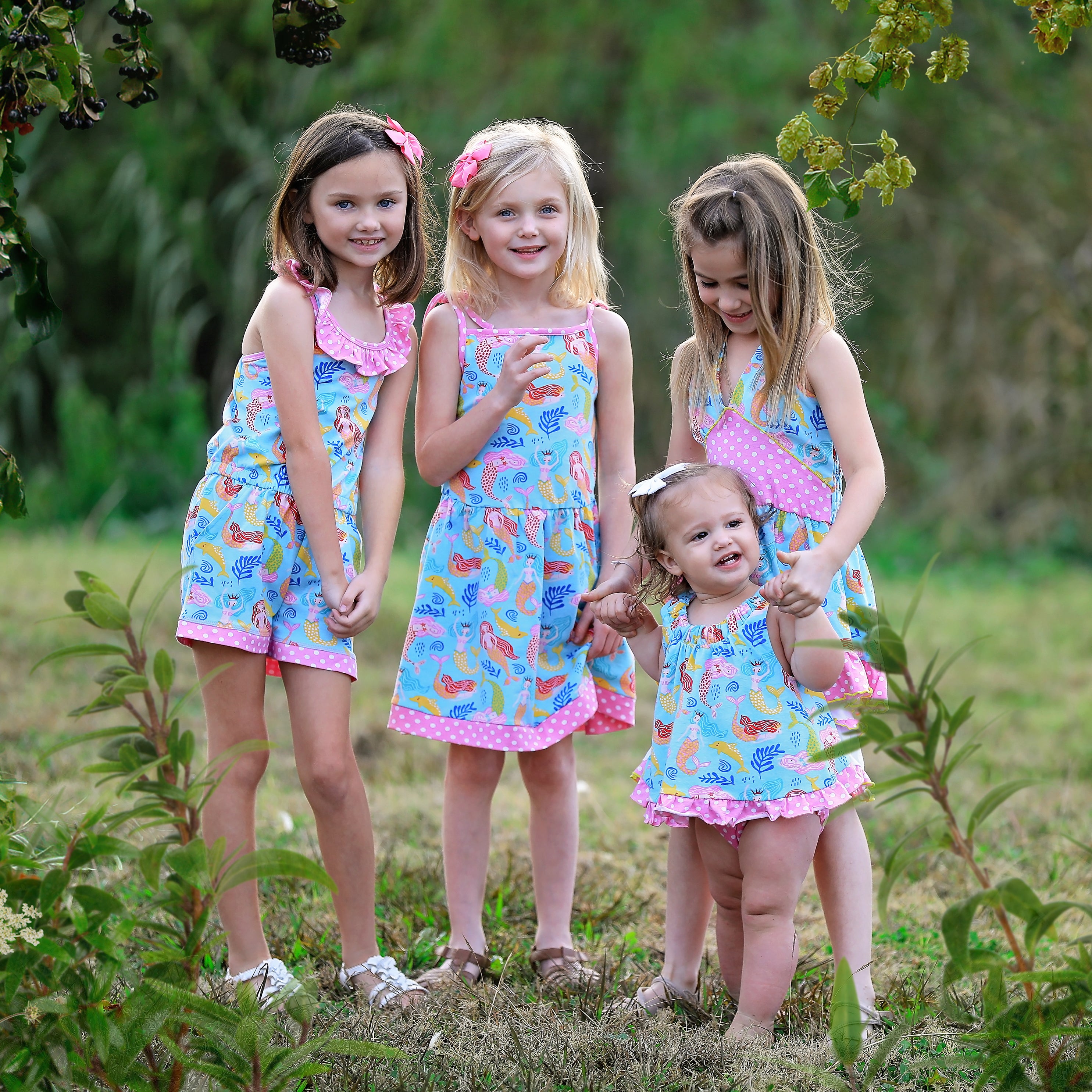 AnnLoren Little Big Girls Mermaid Dress featuring spaghetti straps and pink polka dot trim, made from soft Egyptian cotton.